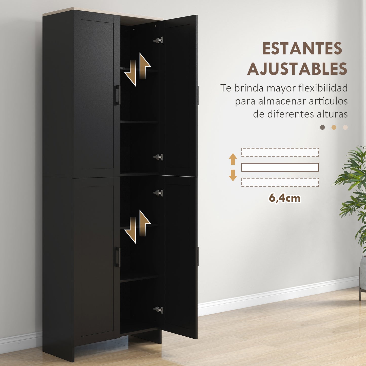 HOMCOM Alacena de Cocina Armario de Cocina Mueble Auxiliar de Cocina con Puertas y Estantes Ajustables Antivuelco para Comedor Salón 60x30x170,5 cm Negro