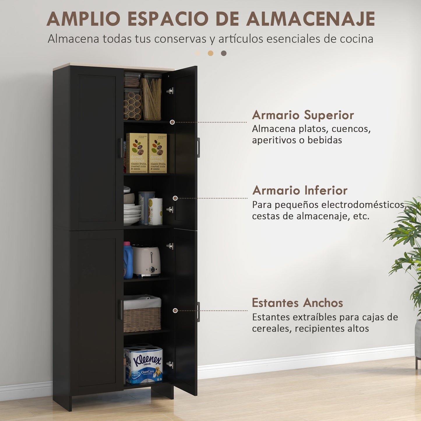 HOMCOM Alacena de Cocina Armario de Cocina Mueble Auxiliar de Cocina con Puertas y Estantes Ajustables Antivuelco para Comedor Salón 60x30x170,5 cm Negro