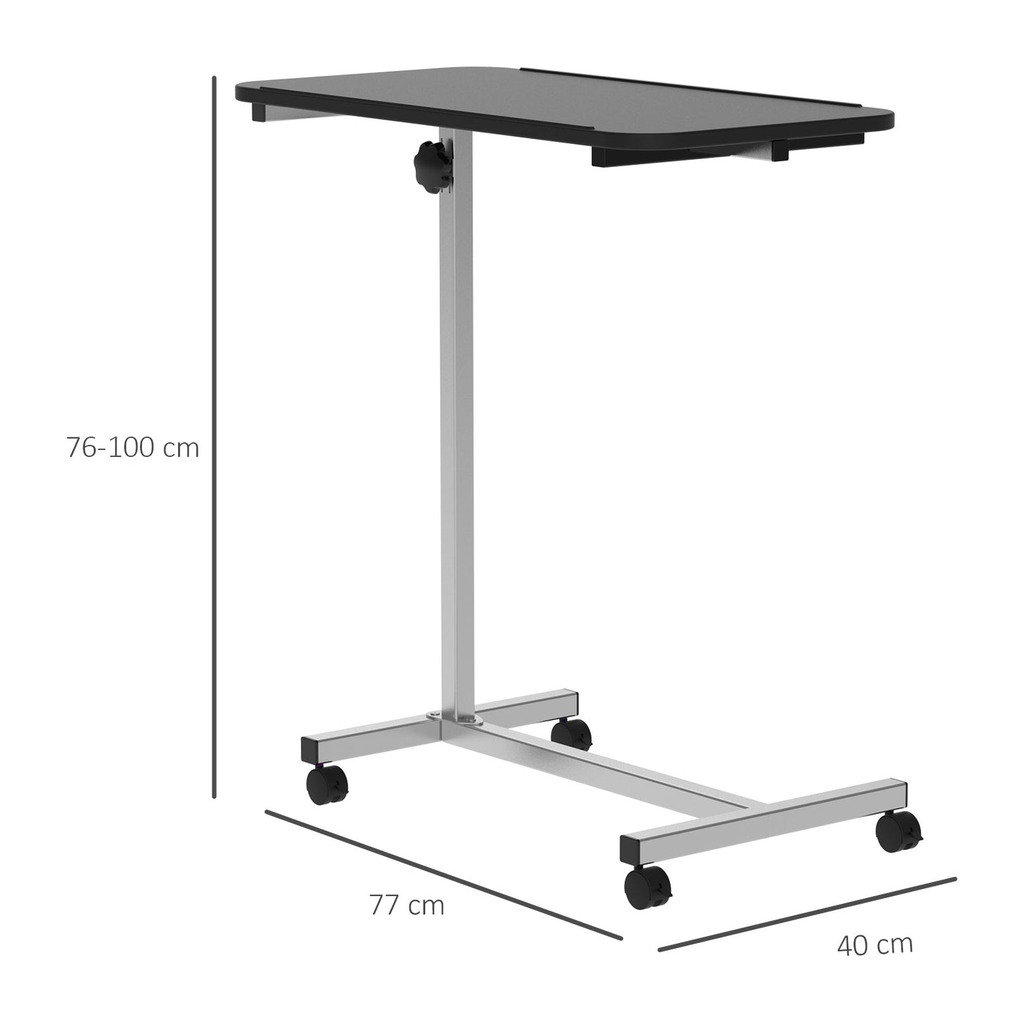 HOMCOM Mesa Auxiliar con Ruedas Mesa para Sofá con Altura Ajustable y Marco de Metal Carga 20 kg para Dormitorio Salón Oficina 77x40x76-100 cm Negro y Plata