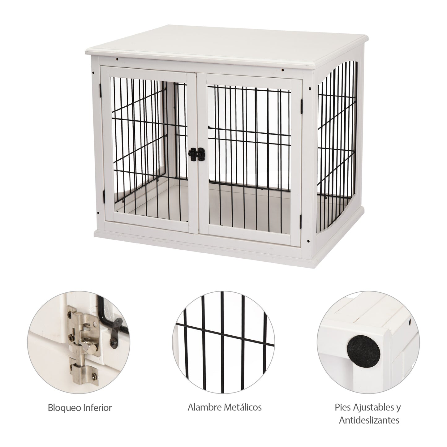 PawHut Jaula para Perros de Madera con Superficie de Mesa 2 Puertas y Rejillas de Metal 81x58,5x66 cm Blanco