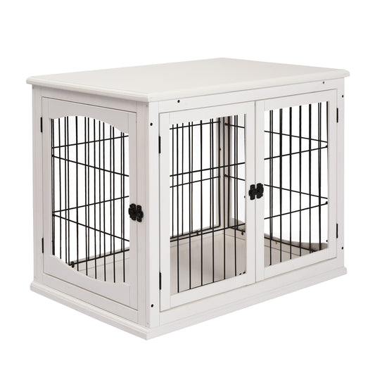 PawHut Jaula para Perros de Madera con Superficie de Mesa 2 Puertas y Rejillas de Metal 81x58,5x66 cm Blanco