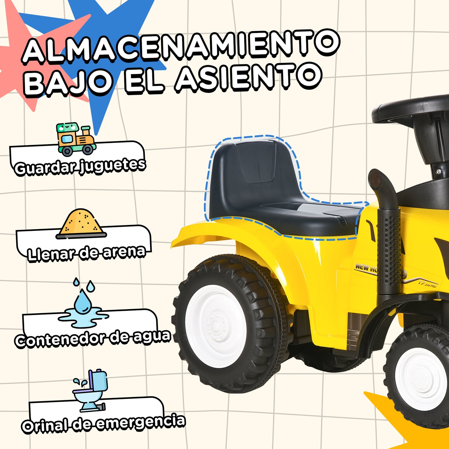 HOMCOM Tractor sin Pedales para Niños de 12-36 Meses con Remolque Extraíble Coche Correpasillos con Bocina Faros Pala Asiento de Suelo 25 cm y Rastrillo Carga 25 kg 91x29x44 cm Amarillo