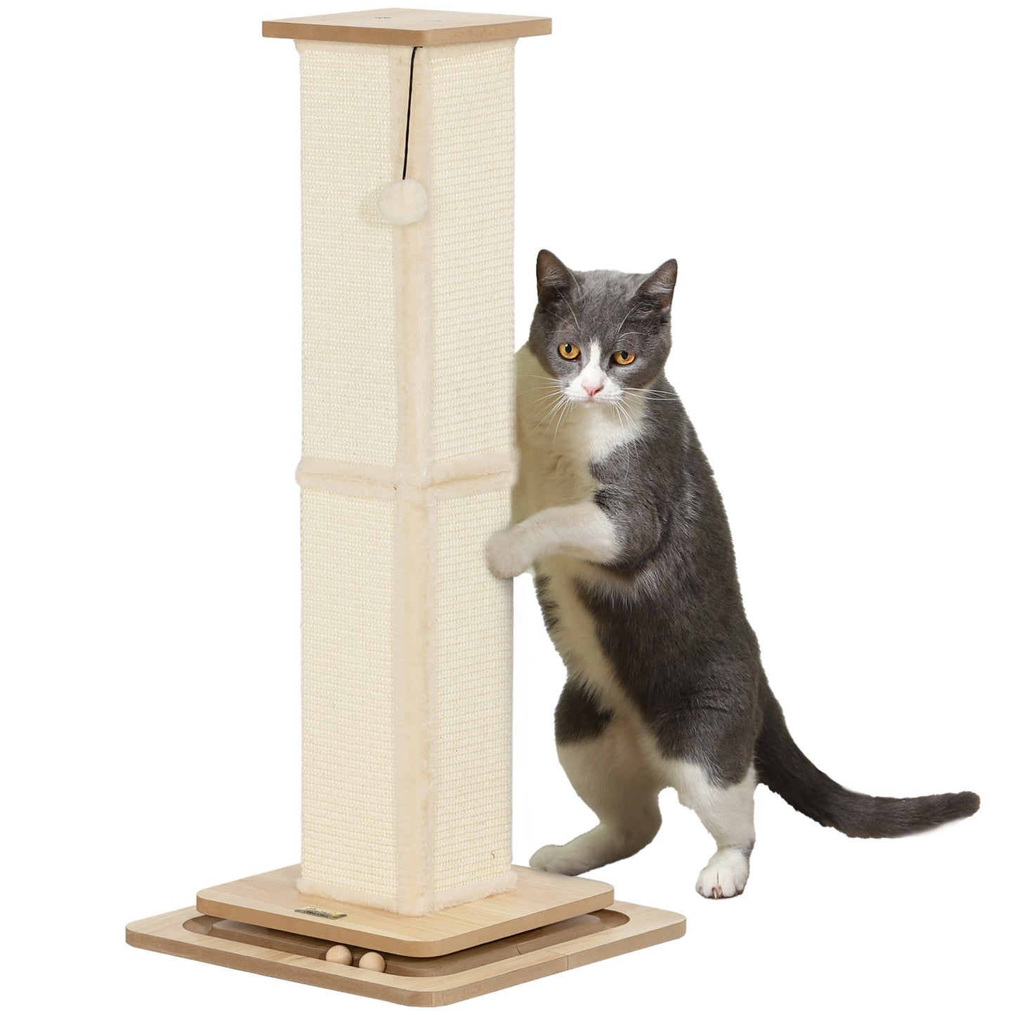 PawHut Poste Rascador para Gatos 87 cm Rascador para Gatos Arañador para Gatos con Bola Colgante Juguete de Pelota de Pista y Poste de Sisal Roble