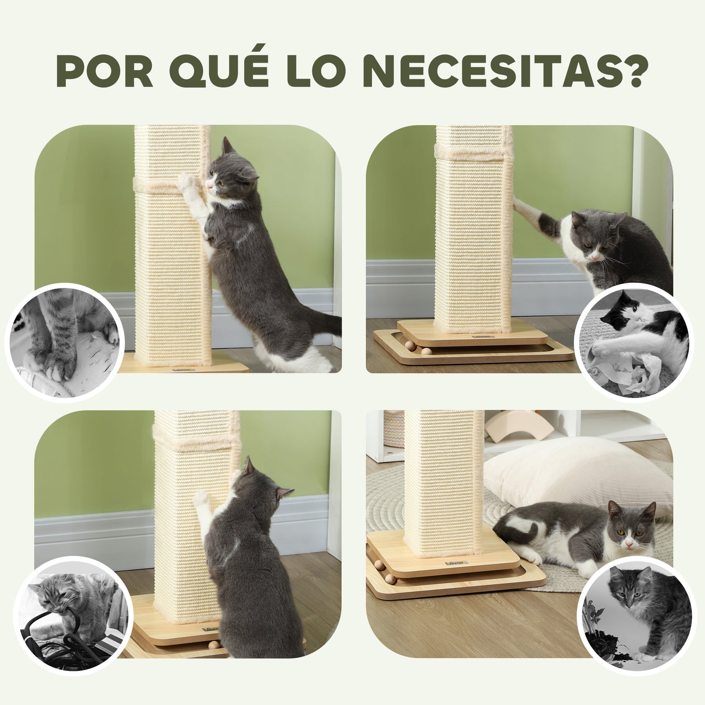 PawHut Poste Rascador para Gatos 87 cm Rascador para Gatos Arañador para Gatos con Bola Colgante Juguete de Pelota de Pista y Poste de Sisal Roble