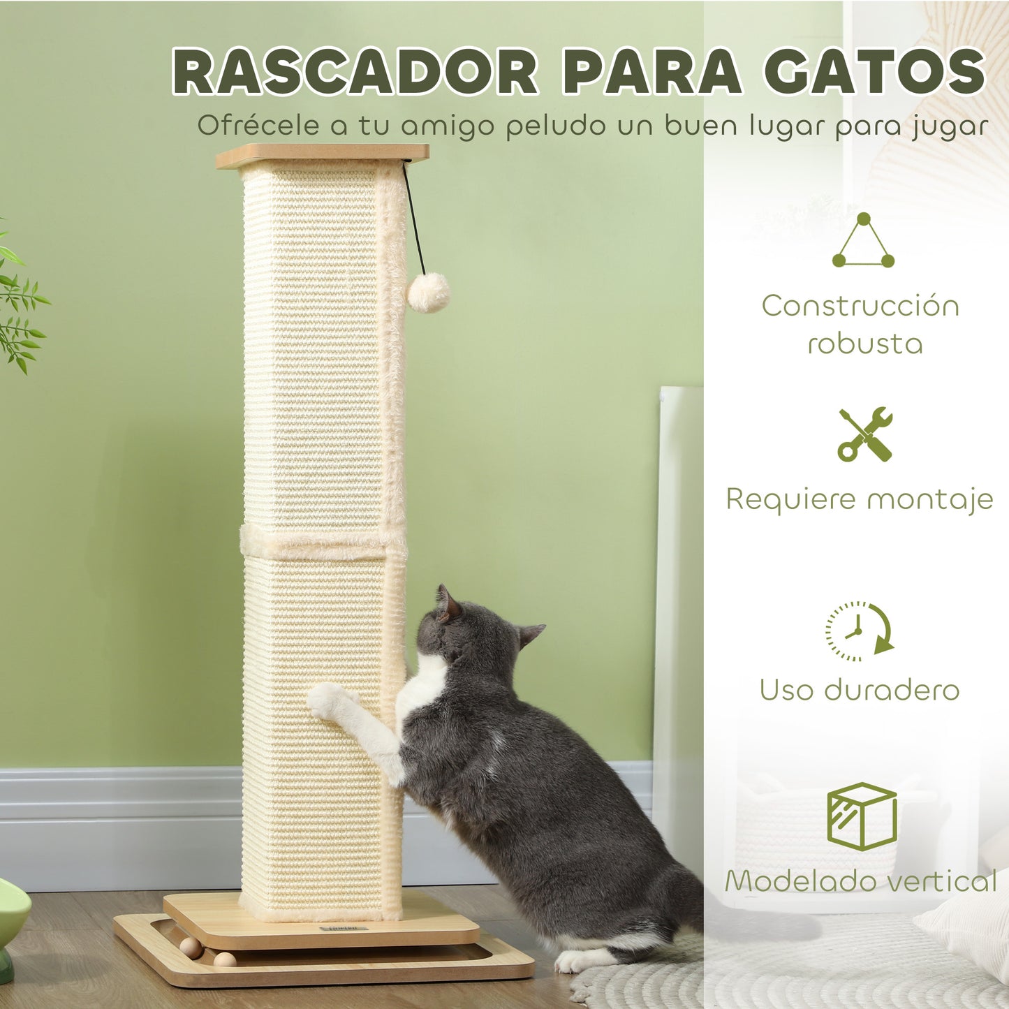 PawHut Poste Rascador para Gatos 87 cm Rascador para Gatos Arañador para Gatos con Bola Colgante Juguete de Pelota de Pista y Poste de Sisal Roble