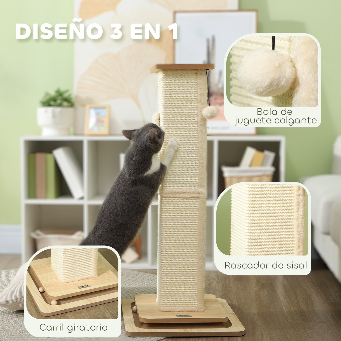 PawHut Poste Rascador para Gatos 87 cm Rascador para Gatos Arañador para Gatos con Bola Colgante Juguete de Pelota de Pista y Poste de Sisal Roble