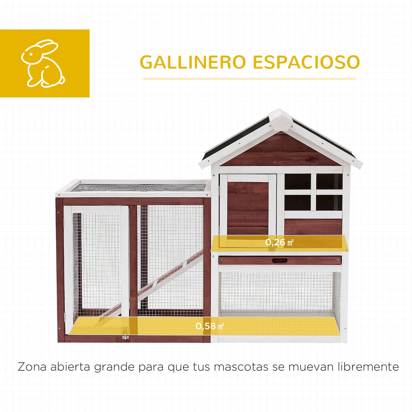 PawHut Conejera de Madera Exterior de 2 Niveles Jaula para Conejos Mascotas Pequeñas con Zona Abierta Techo Asfáltico Bandeja Extraíble y Rampa 122x62,6x92 cm Marrón