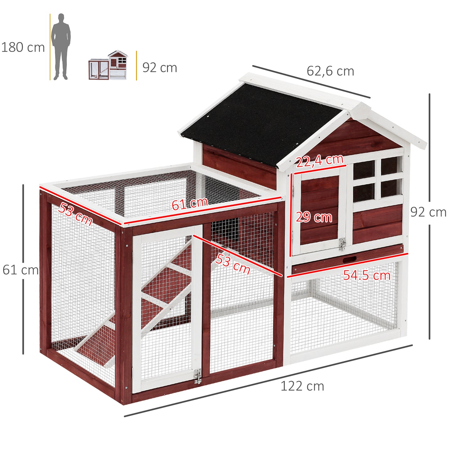 PawHut Conejera de Madera Exterior de 2 Niveles Jaula para Conejos Mascotas Pequeñas con Zona Abierta Techo Asfáltico Bandeja Extraíble y Rampa 122x62,6x92 cm Marrón