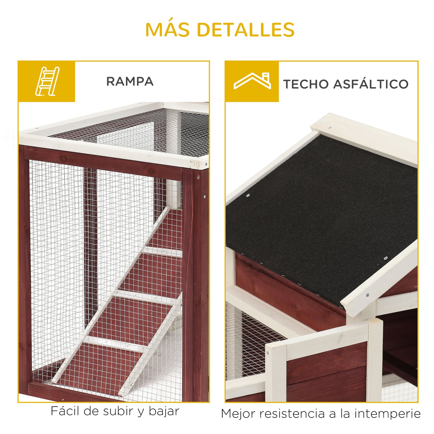 PawHut Conejera de Madera Exterior de 2 Niveles Jaula para Conejos Mascotas Pequeñas con Zona Abierta Techo Asfáltico Bandeja Extraíble y Rampa 122x62,6x92 cm Marrón