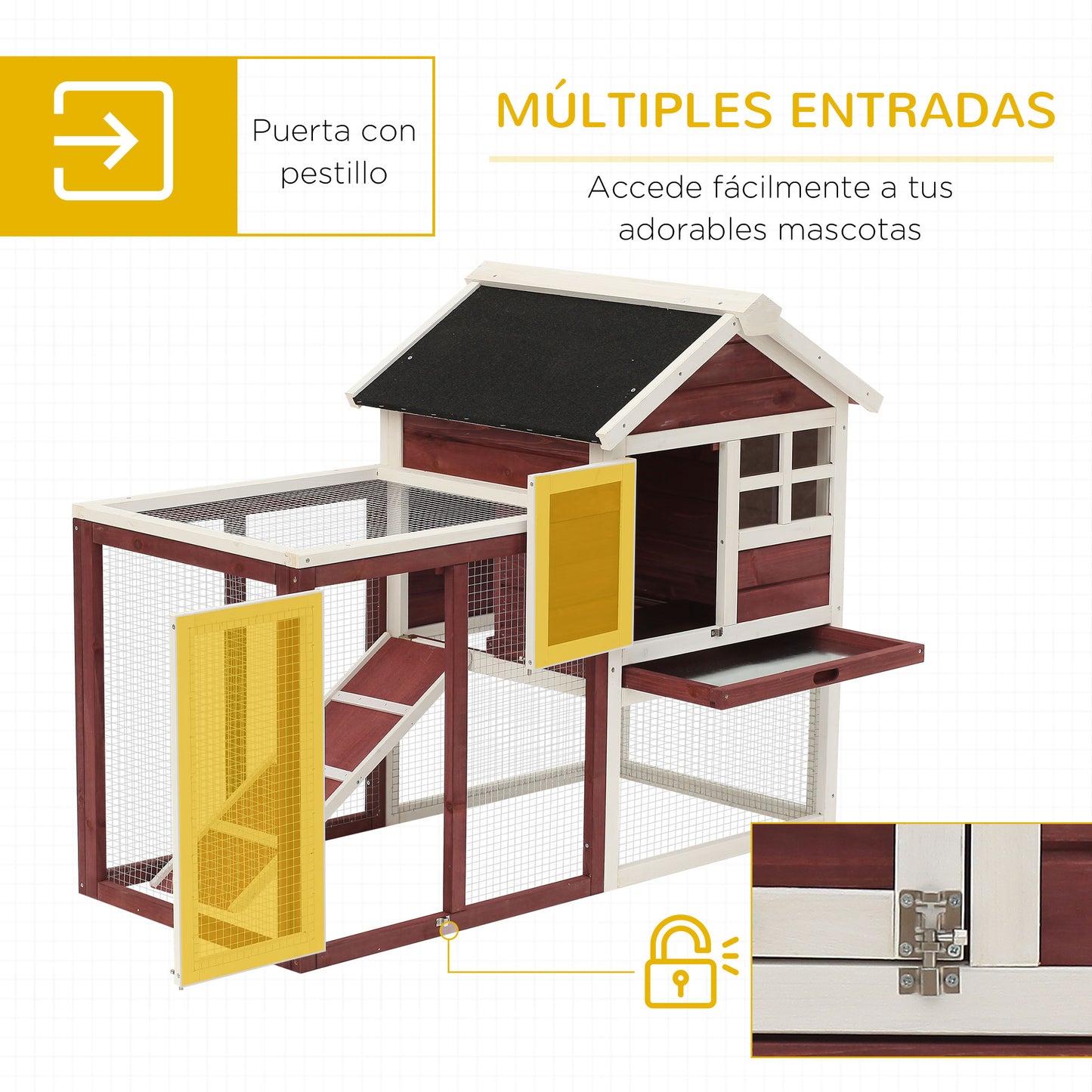 PawHut Conejera de Madera Exterior de 2 Niveles Jaula para Conejos Mascotas Pequeñas con Zona Abierta Techo Asfáltico Bandeja Extraíble y Rampa 122x62,6x92 cm Marrón