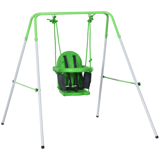 Outsunny Columpio Infantil de Acero Columpio para Niños de 6-36 Meses con Respaldo y Cinturón de Seguridad Columpio para Interiores y Exteriores Carga Máx. 25 kg 122x146x122 cm Verde