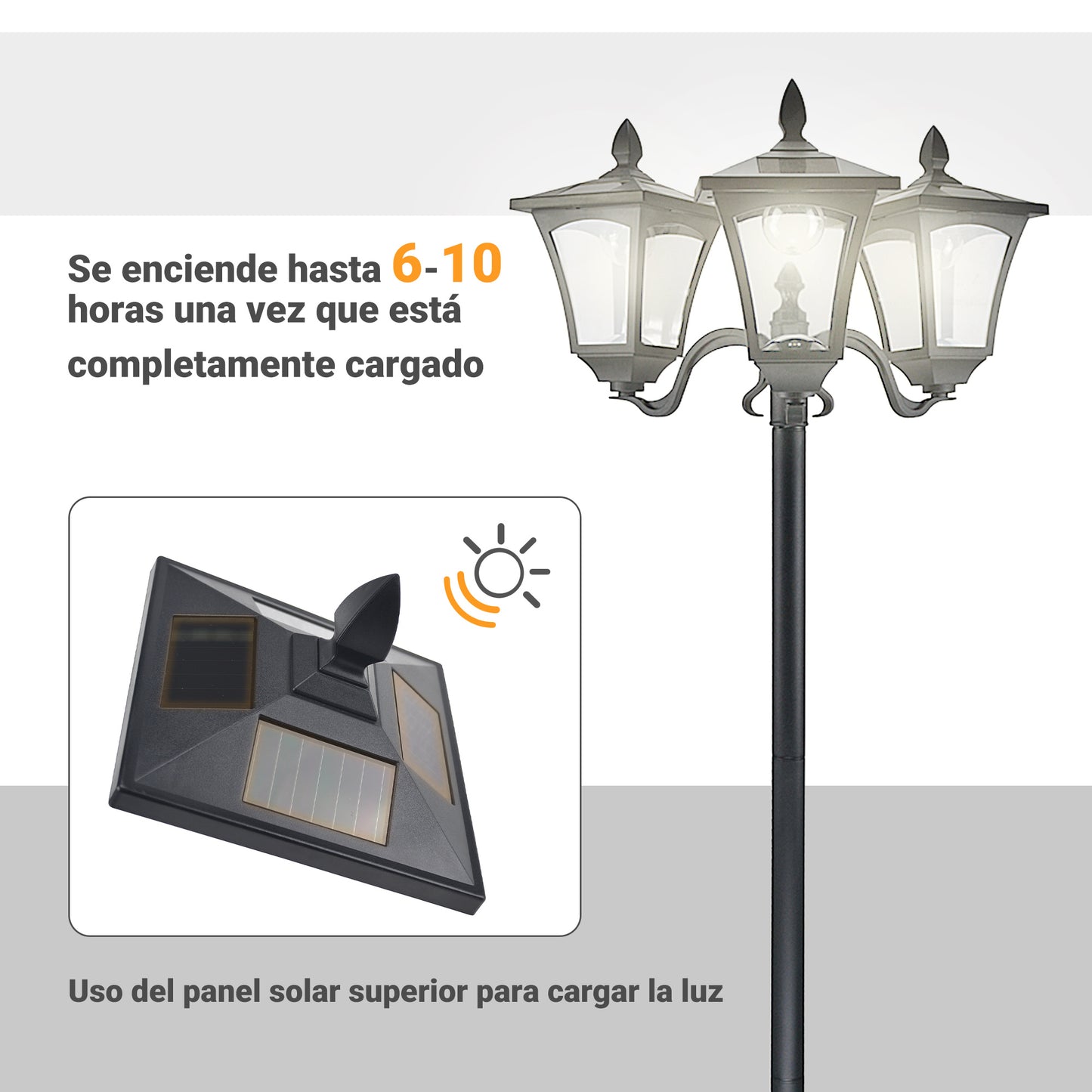 Outsunny Farol Solar de Jardín con 3 Luces LED Impermeable IP44 Sensor de Noche Farola de Exterior para Camino Terraza Patio 51,5x47x182,5 cm Negro