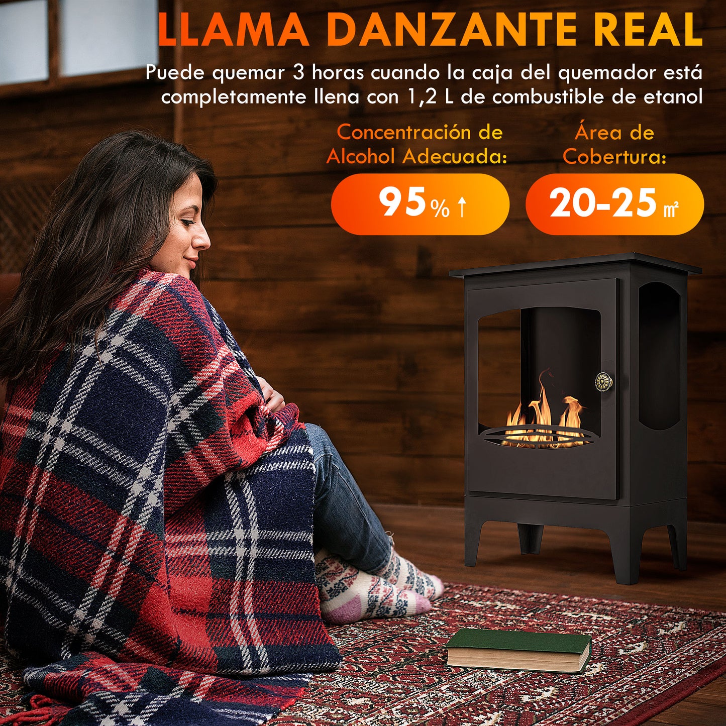 HOMCOM Chimenea de Etanol 7000BTU Chimenea de Bioetanol de Acero con Apagallamas de Acero Inoxidable Tanque de 1,2 L Tiempo de Combustión 3H para Interiores 20-25 m² 39x26x54 cm Negro