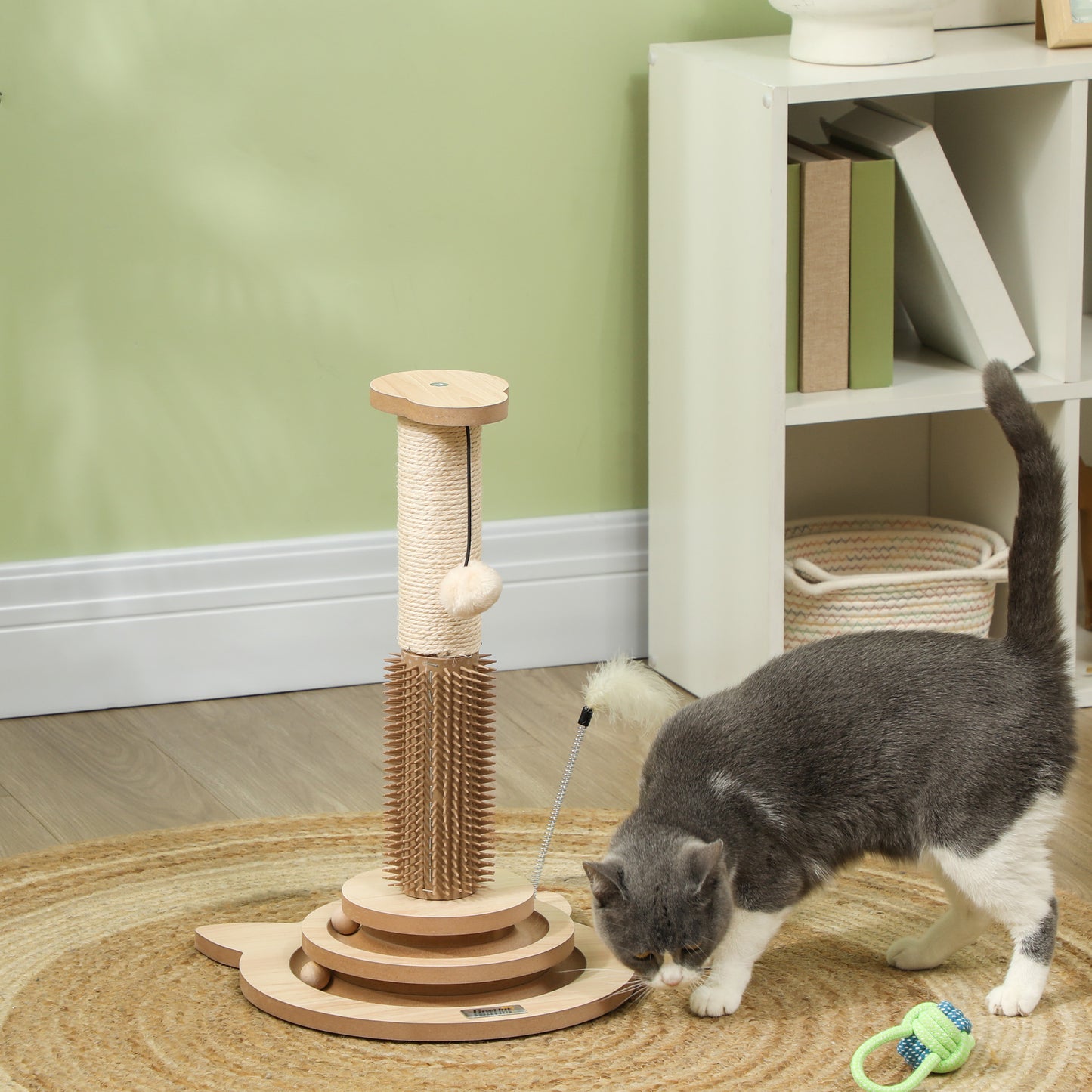 PawHut Poste Rascador para Gatos 49 cm Arañador para Gatos con Poste de Sisal Cepillo Carril Giratorio con Bolas de Juego Pluma Elástica y Bola de Juguete Roble