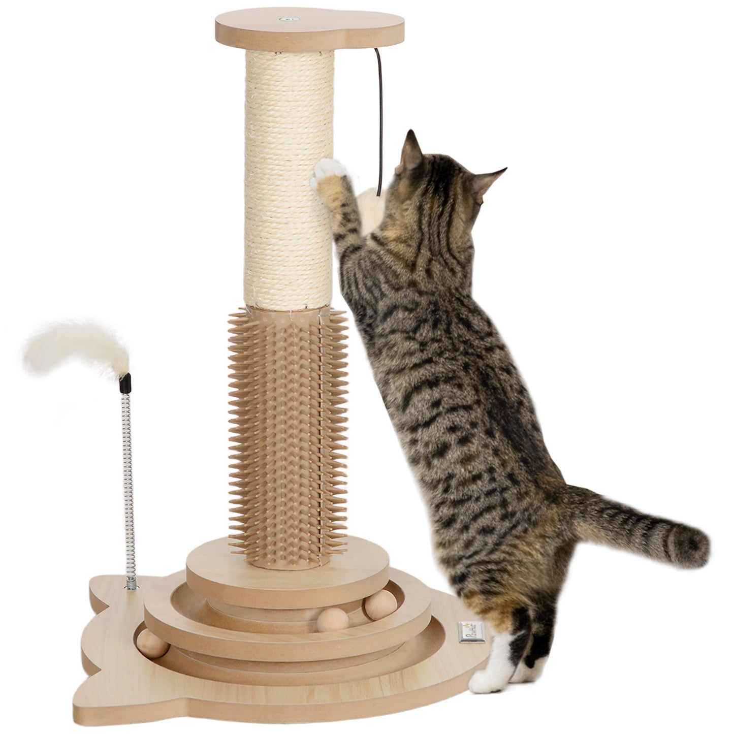 PawHut Poste Rascador para Gatos 49 cm Arañador para Gatos con Poste de Sisal Cepillo Carril Giratorio con Bolas de Juego Pluma Elástica y Bola de Juguete Roble