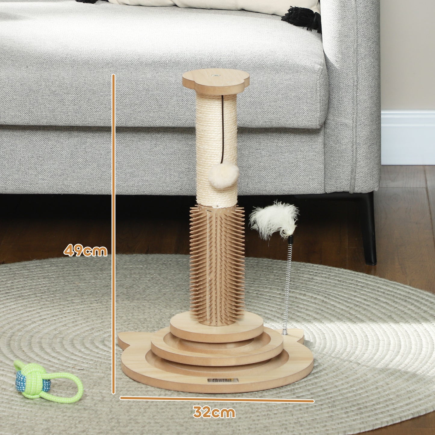 PawHut Poste Rascador para Gatos 49 cm Arañador para Gatos con Poste de Sisal Cepillo Carril Giratorio con Bolas de Juego Pluma Elástica y Bola de Juguete Roble