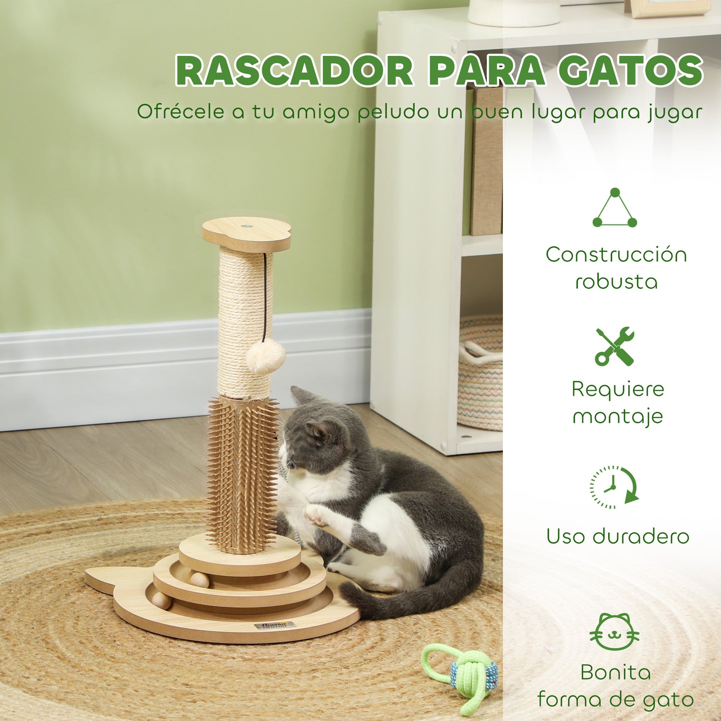 PawHut Poste Rascador para Gatos 49 cm Arañador para Gatos con Poste de Sisal Cepillo Carril Giratorio con Bolas de Juego Pluma Elástica y Bola de Juguete Roble