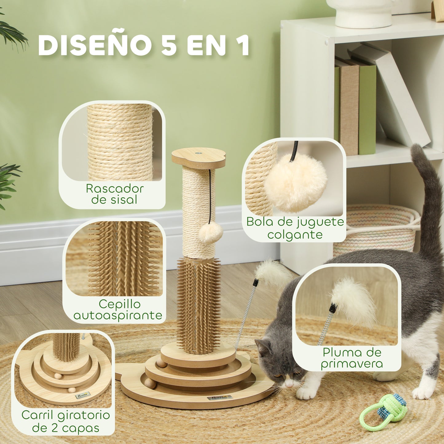 PawHut Poste Rascador para Gatos 49 cm Arañador para Gatos con Poste de Sisal Cepillo Carril Giratorio con Bolas de Juego Pluma Elástica y Bola de Juguete Roble