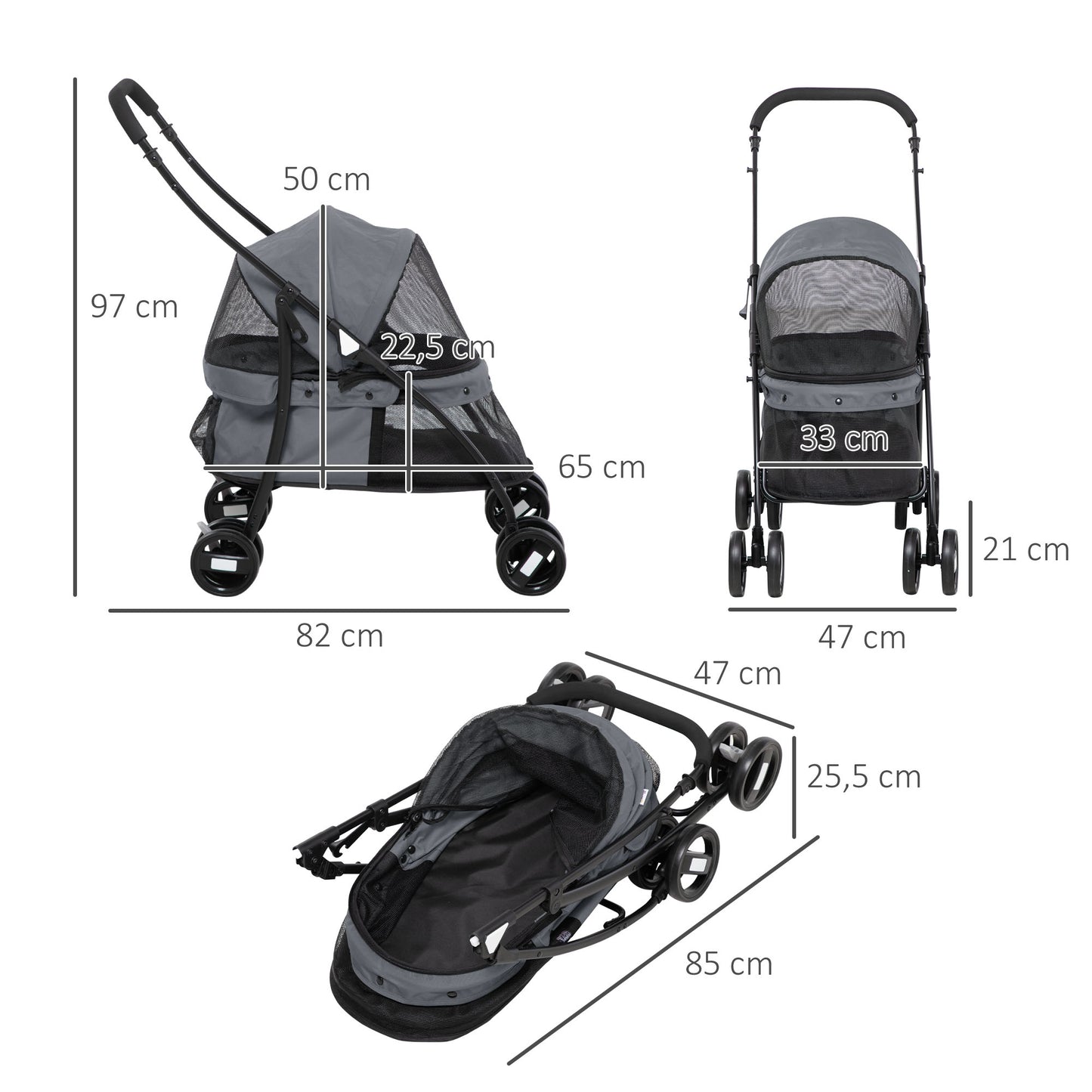 PawHut Carrito para Perros Plegable Cochecito para Mascotas Cochecito para Perros Pequeños con Ventanas de Malla Cojín Lavable Correas de Seguridad y Marco de Acero Gris