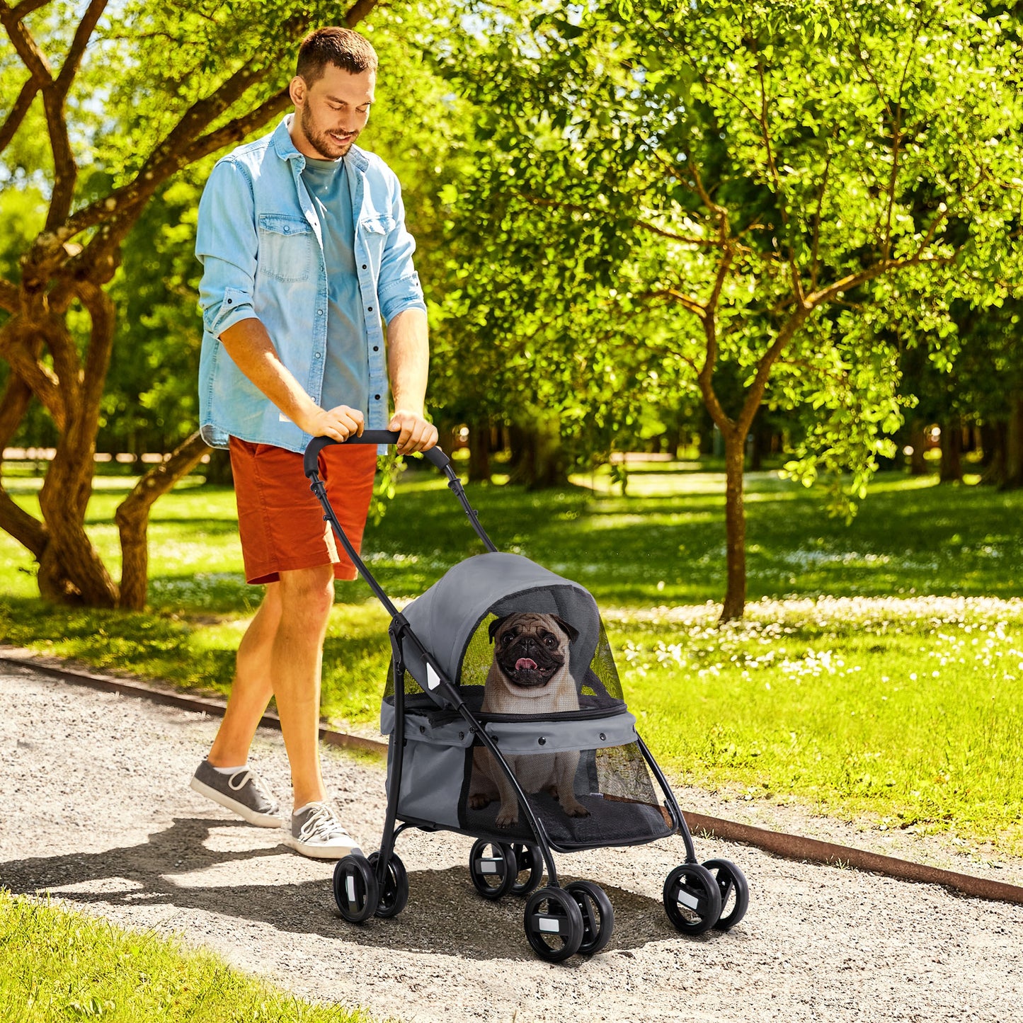 PawHut Carrito para Perros Plegable Cochecito para Mascotas Cochecito para Perros Pequeños con Ventanas de Malla Cojín Lavable Correas de Seguridad y Marco de Acero Gris