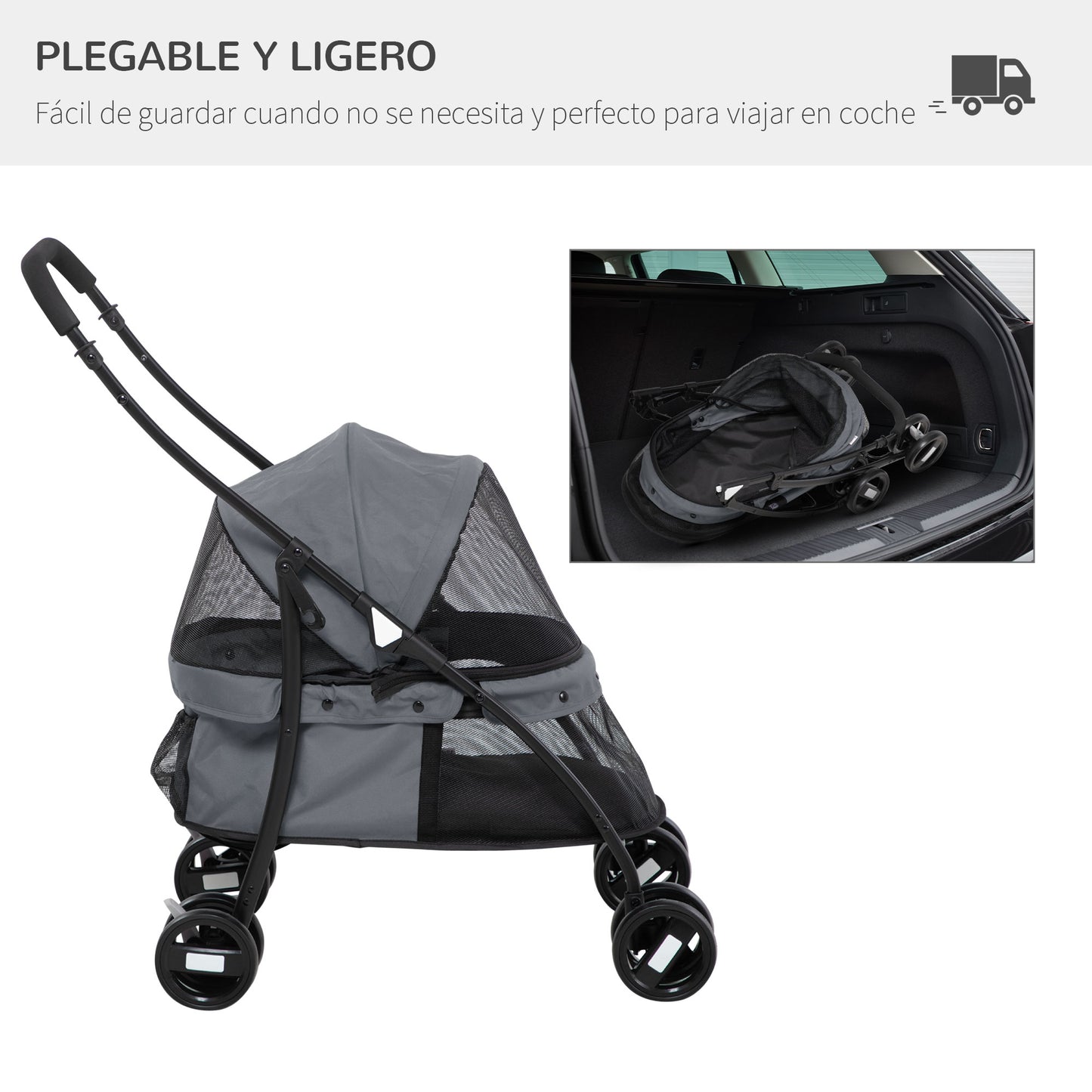 PawHut Carrito para Perros Plegable Cochecito para Mascotas Cochecito para Perros Pequeños con Ventanas de Malla Cojín Lavable Correas de Seguridad y Marco de Acero Gris