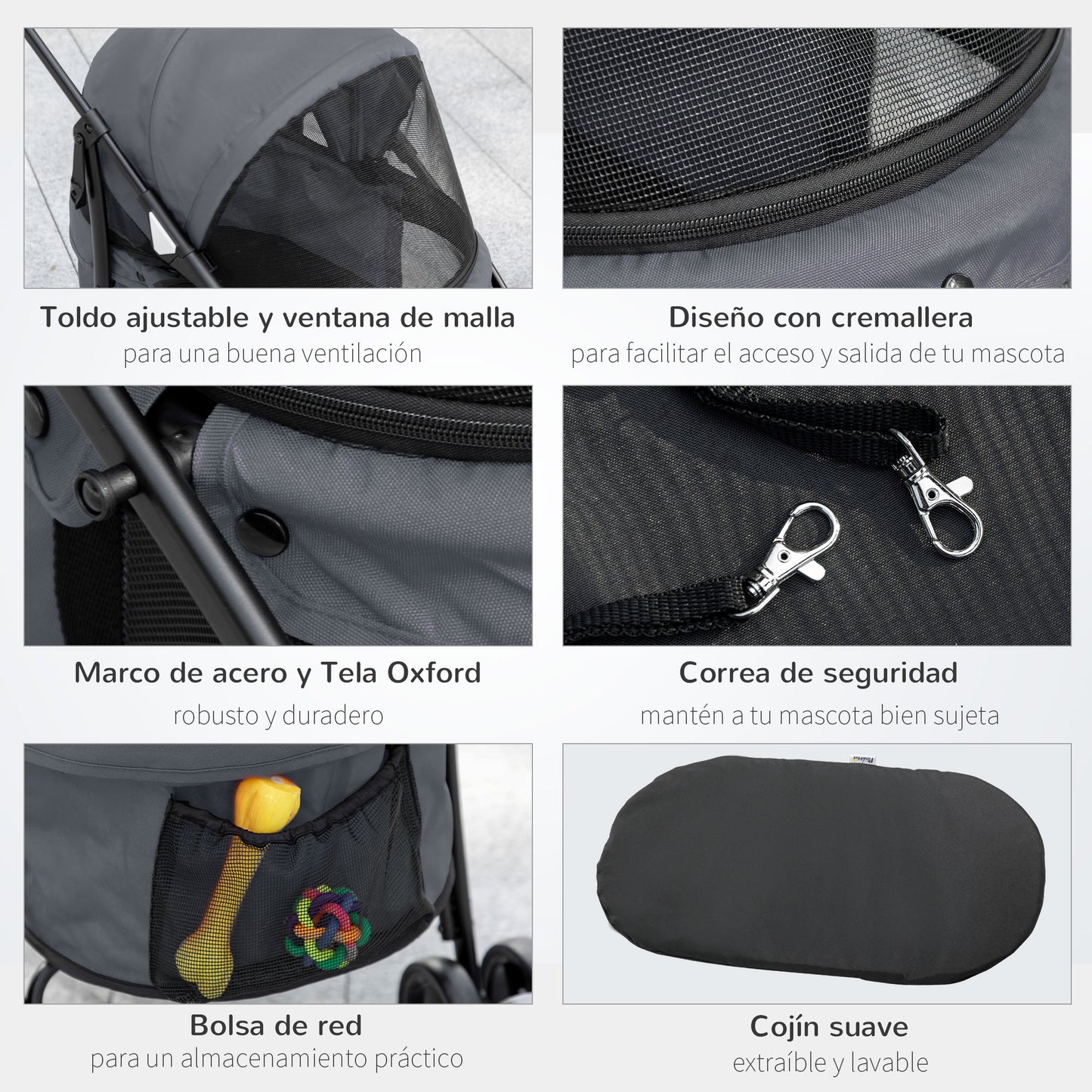 PawHut Carrito para Perros Plegable Cochecito para Mascotas Cochecito para Perros Pequeños con Ventanas de Malla Cojín Lavable Correas de Seguridad y Marco de Acero Gris