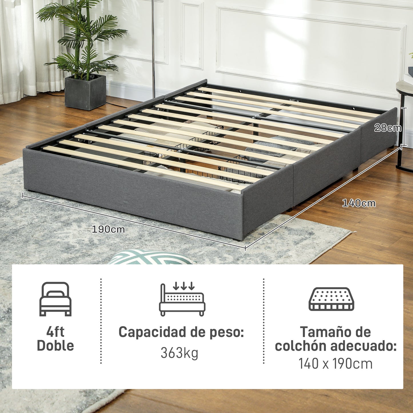 HOMCOM Cama Doble 140x190 cm Estructura de Cama Somier con 3 Cajones y Estructura de Metal Carga 363 kg Gris