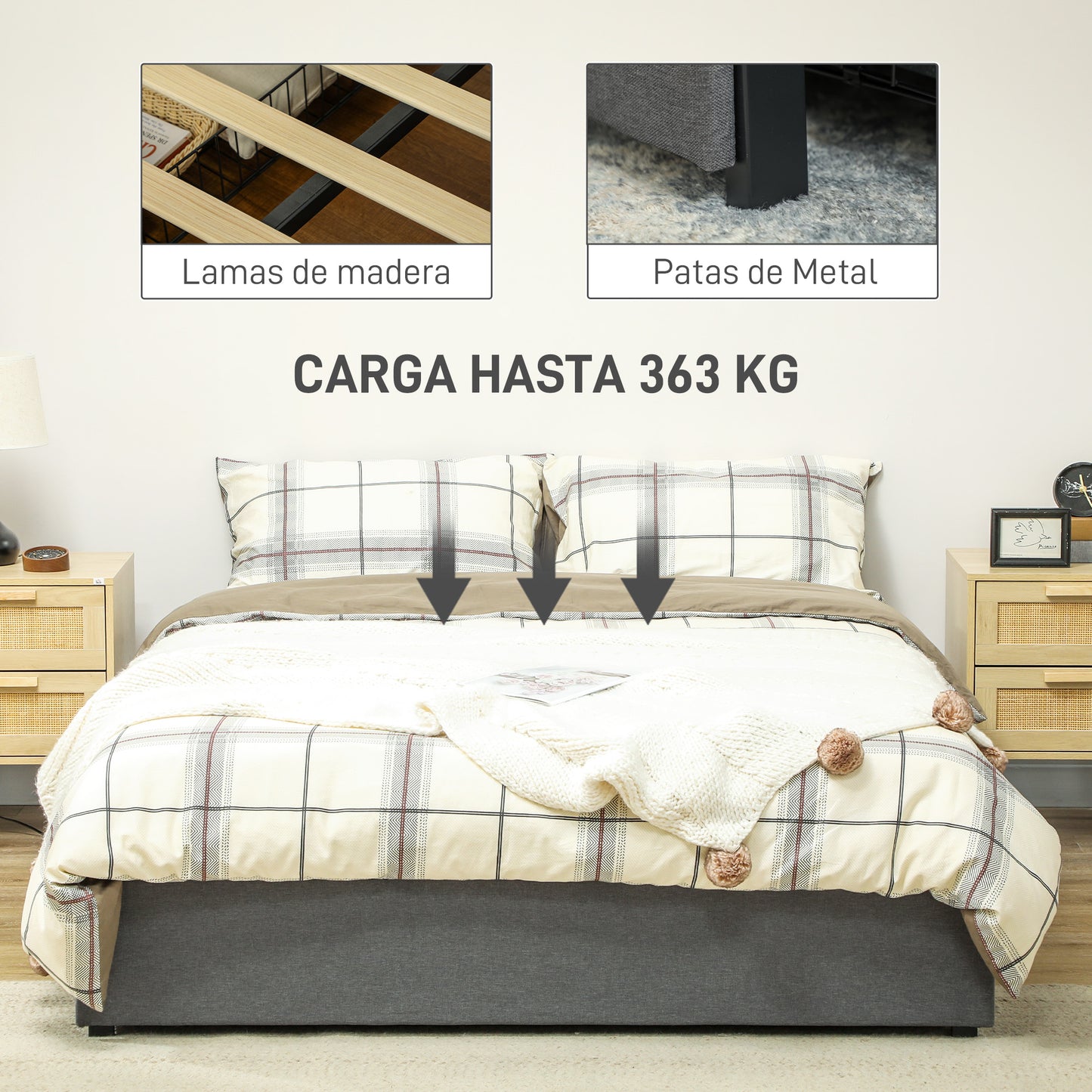 HOMCOM Cama Doble 140x190 cm Estructura de Cama Somier con 3 Cajones y Estructura de Metal Carga 363 kg Gris