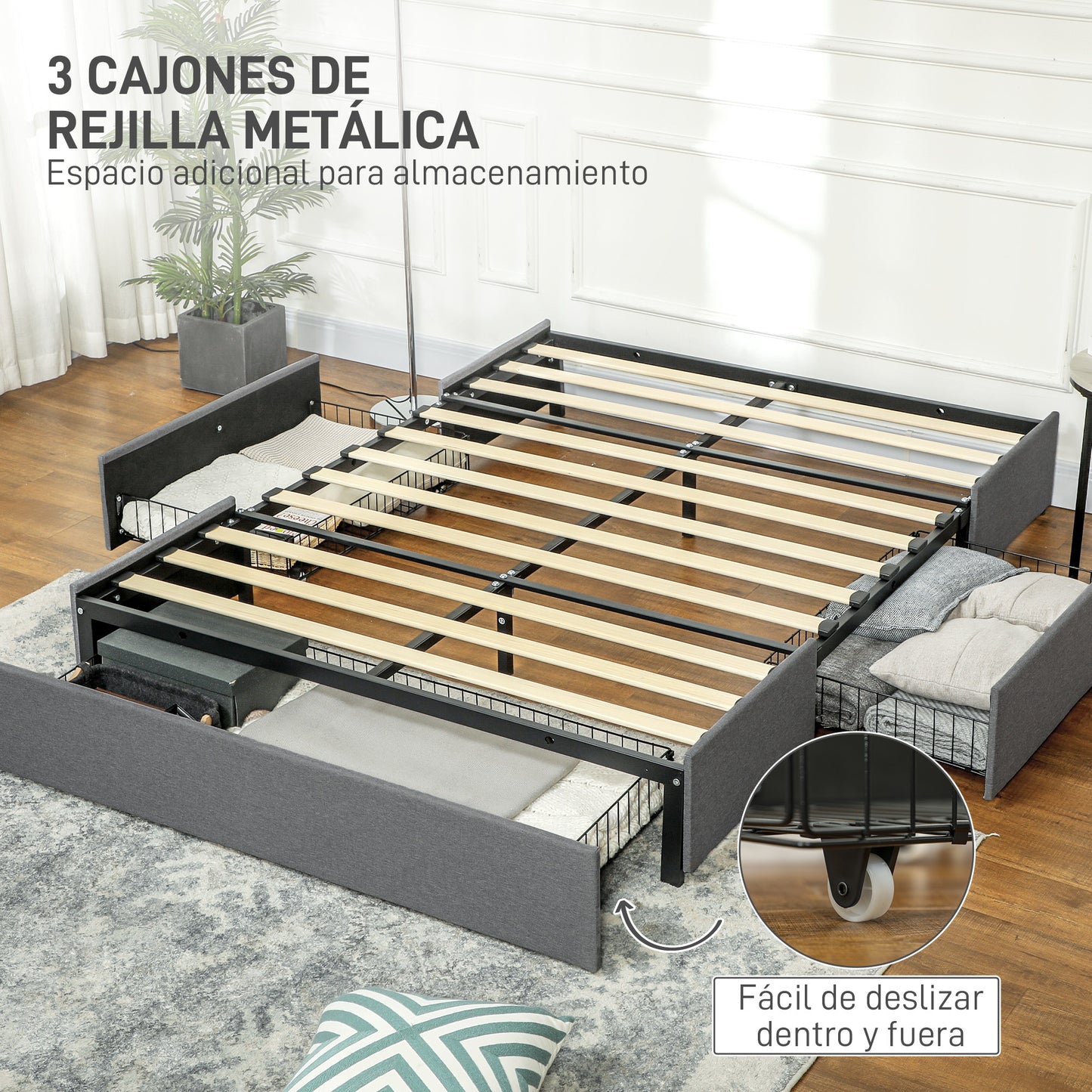 HOMCOM Cama Doble 140x190 cm Estructura de Cama Somier con 3 Cajones y Estructura de Metal Carga 363 kg Gris