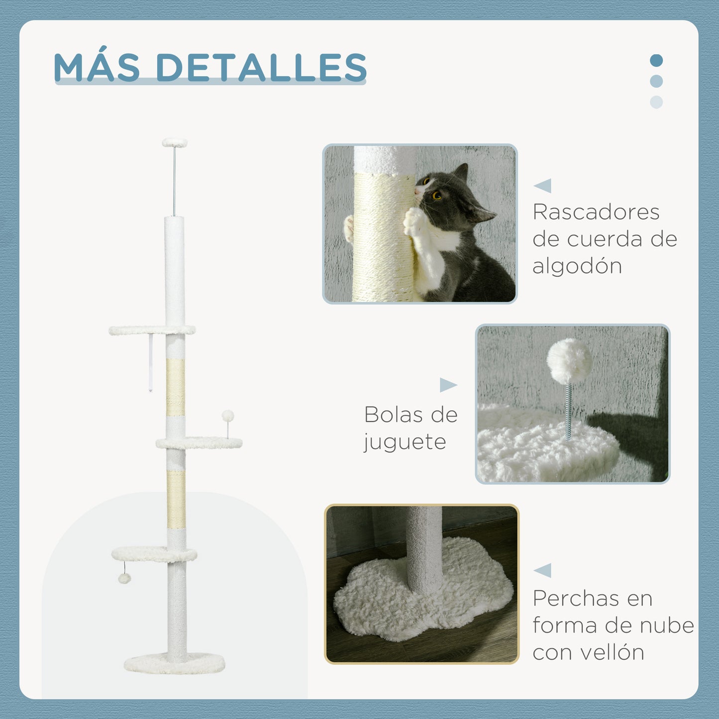 PawHut Árbol para Gatos de Suelo a Techo de 225-255 cm Torre para Gatos de Suelo a Techo Ajustable en Altura con 3 Plataforma de Forma de Nube Postes Rascadores y 2 Bolas 48x32x225-255 cm Blanco