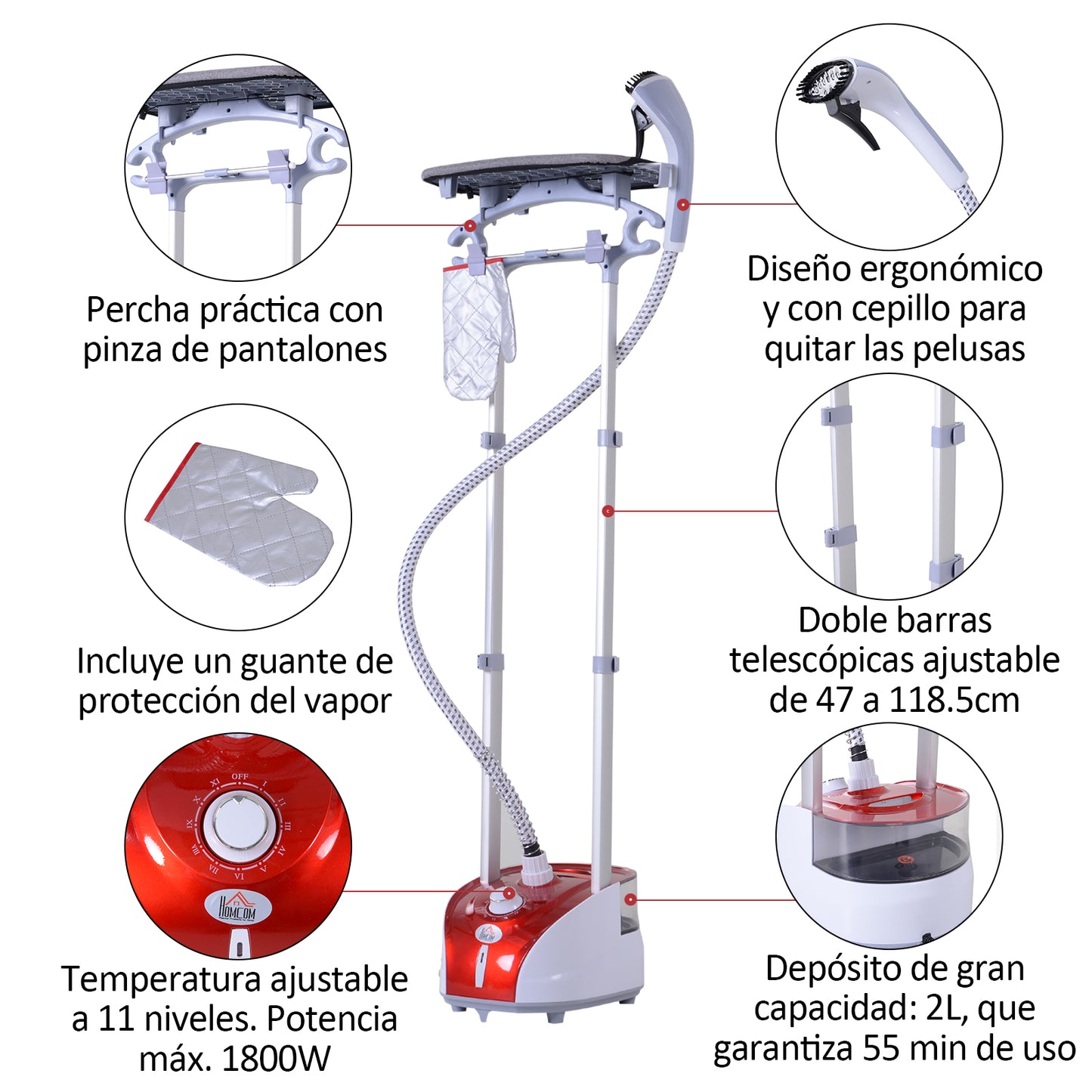 HOMCOM Plancha Vertical 1950W 2 L Plancha de Vapor Vertical con Temperatura Ajustable en 11 Niveles y Barra Telescópica Centro de Planchado Vertical para Hogar Oficina Rojo