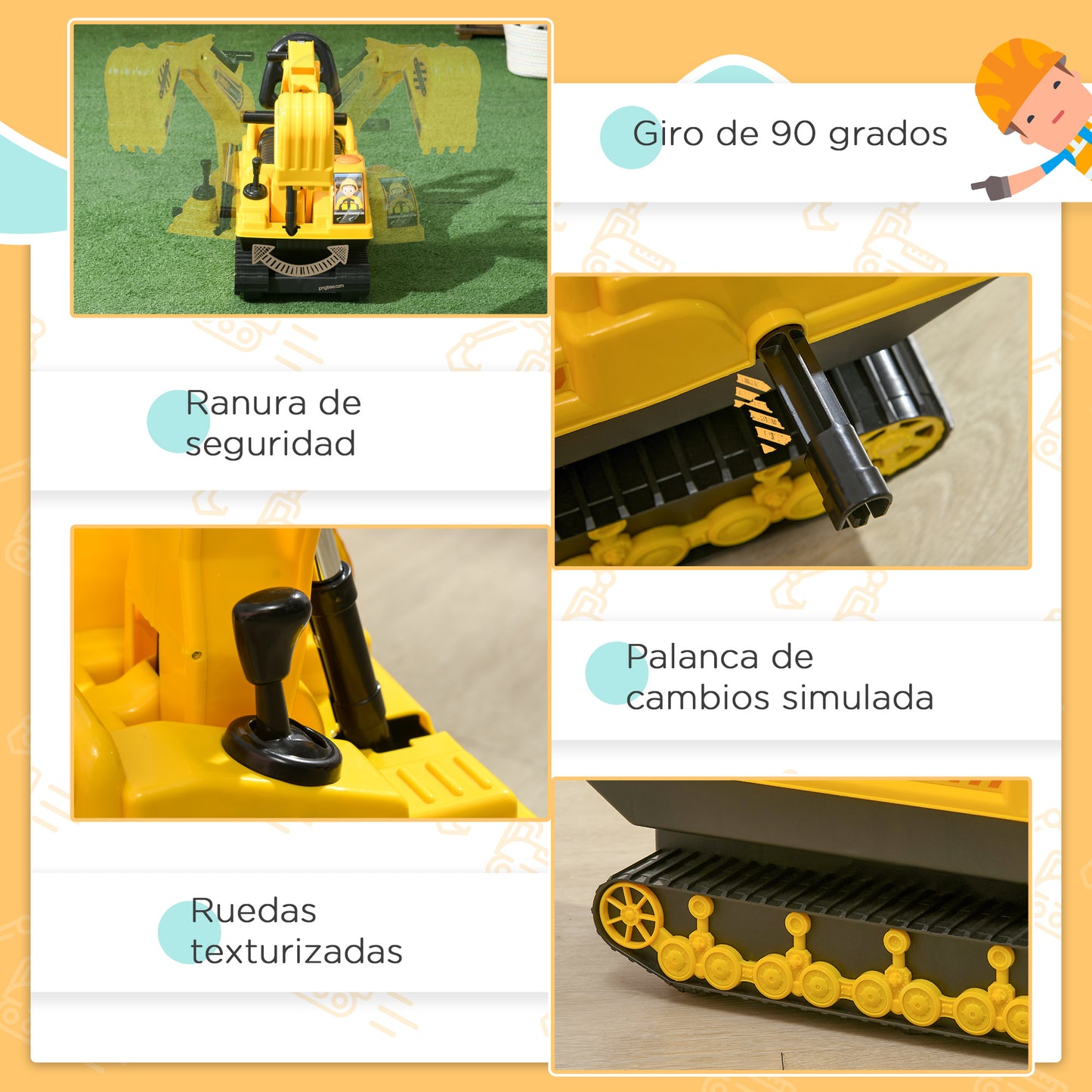 HOMCOM Excavadora sin Pedales para Niños de 18-48 Meses Excavadora Correpasillos Camión de Construcción con Asiento de Almacenamiento Pala Delantera y Bocina Carga 30 kg 78x24x58,5 cm Amarillo