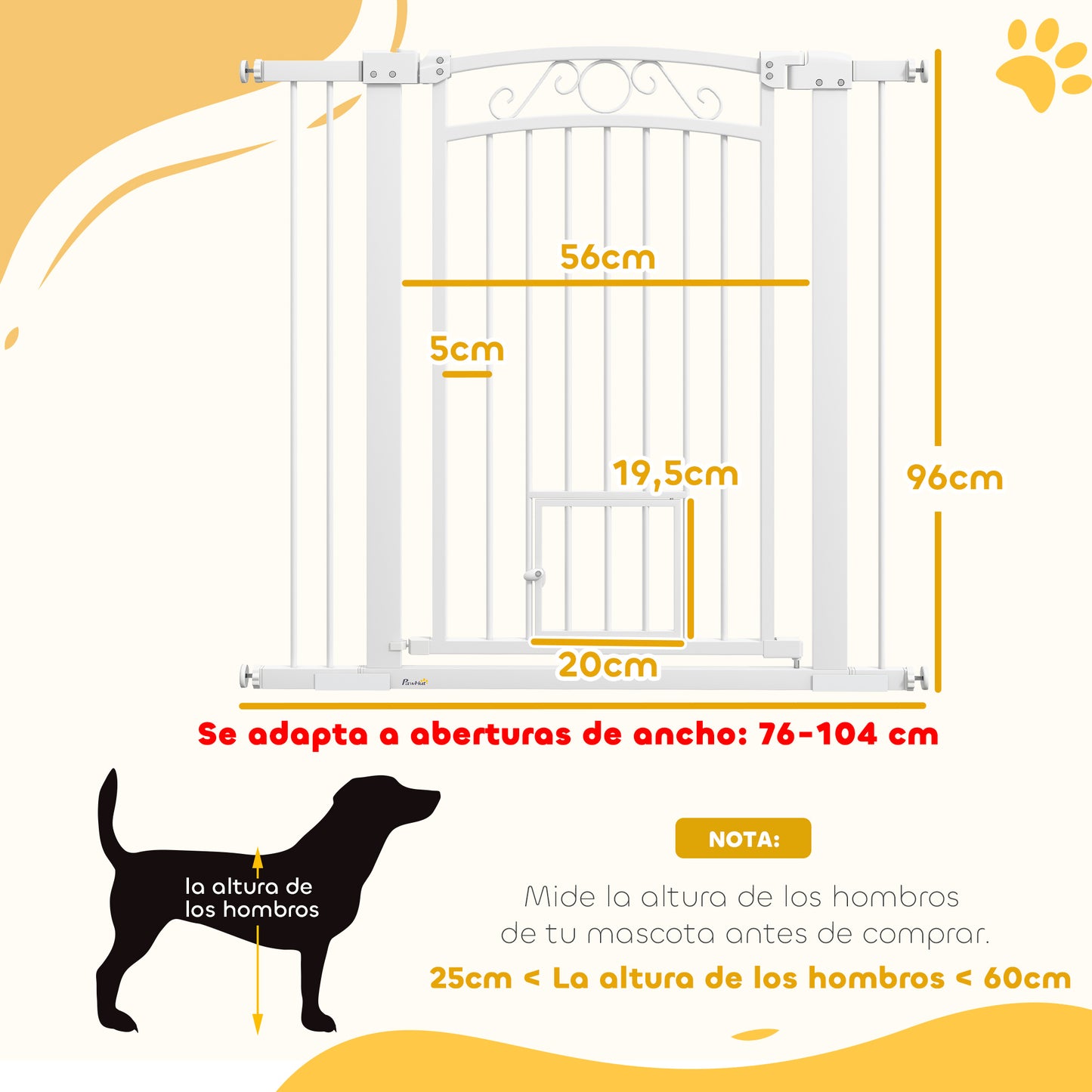 PawHut Barrera para Perros Puerta para Perros con Ancho Ajustable 76-104 cm Barrera de Seguridad para Perros con 2 Extensiones Doble Bloqueo y Puerta Pequeña para Escaleras y Puertas Blanco