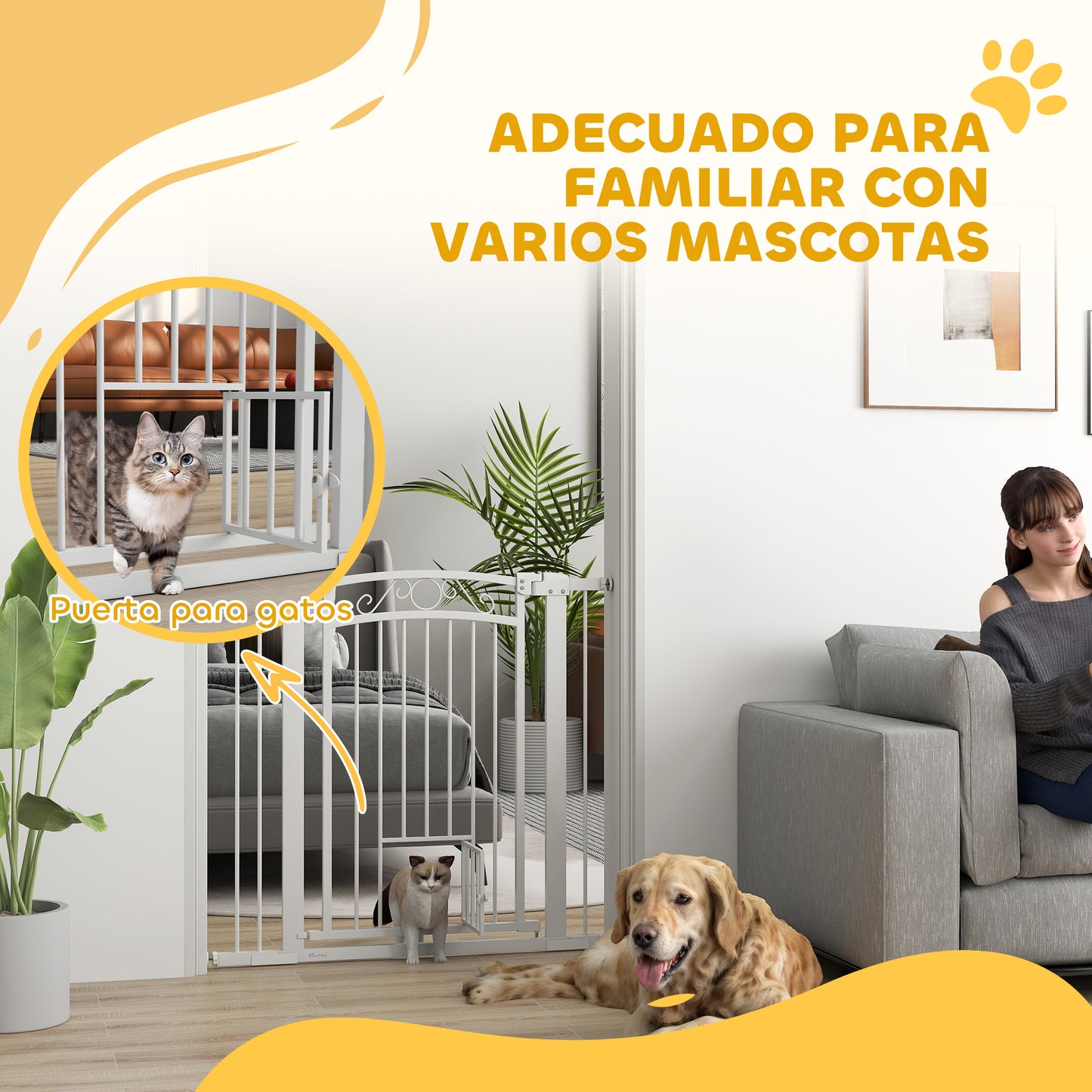 PawHut Barrera para Perros Puerta para Perros con Ancho Ajustable 76-104 cm Barrera de Seguridad para Perros con 2 Extensiones Doble Bloqueo y Puerta Pequeña para Escaleras y Puertas Blanco