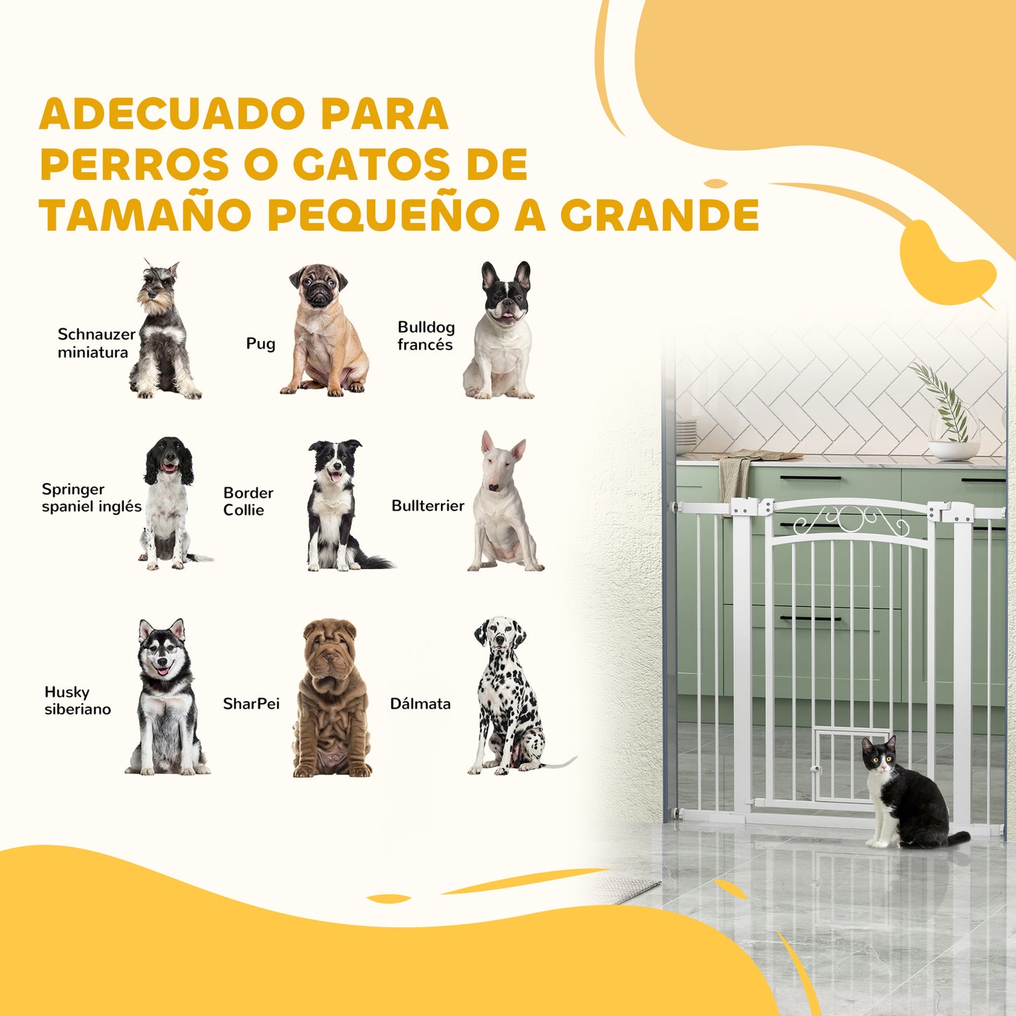 PawHut Barrera para Perros Puerta para Perros con Ancho Ajustable 76-104 cm Barrera de Seguridad para Perros con 2 Extensiones Doble Bloqueo y Puerta Pequeña para Escaleras y Puertas Blanco