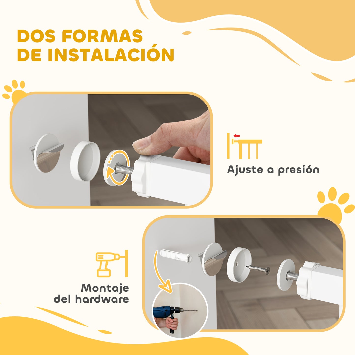 PawHut Barrera para Perros Puerta para Perros con Ancho Ajustable 76-104 cm Barrera de Seguridad para Perros con 2 Extensiones Doble Bloqueo y Puerta Pequeña para Escaleras y Puertas Blanco