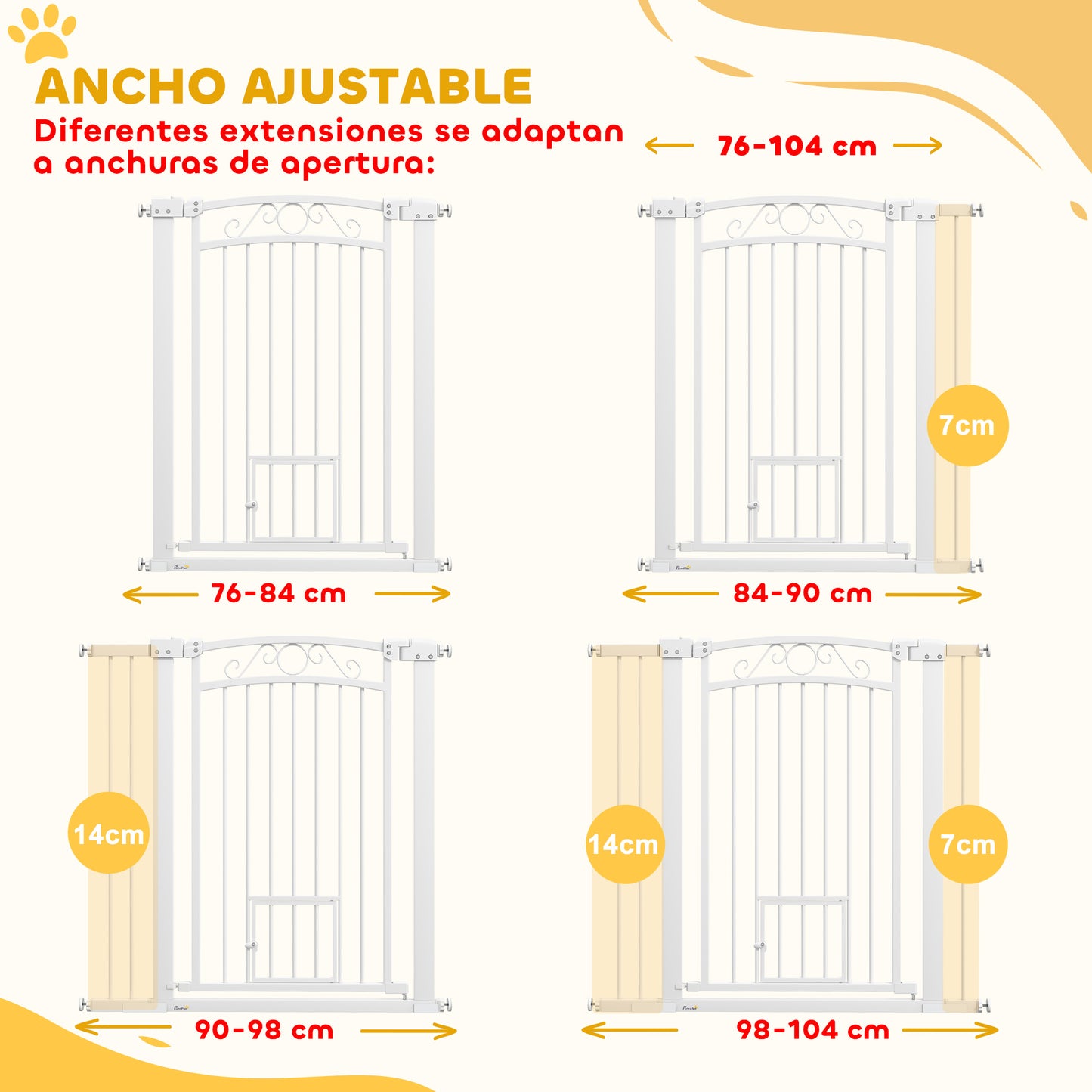 PawHut Barrera para Perros Puerta para Perros con Ancho Ajustable 76-104 cm Barrera de Seguridad para Perros con 2 Extensiones Doble Bloqueo y Puerta Pequeña para Escaleras y Puertas Blanco