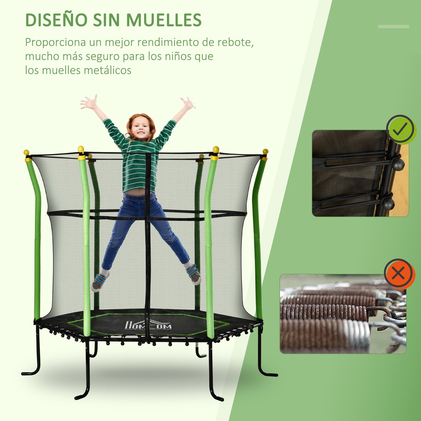 HOMCOM Cama Elástica Infantil de Jardín Ø160x163,5 cm Trampolín para Niños de +3 Años con Red de Seguridad Acero para Interior Exterior Carga 50 kg Negro y Verde