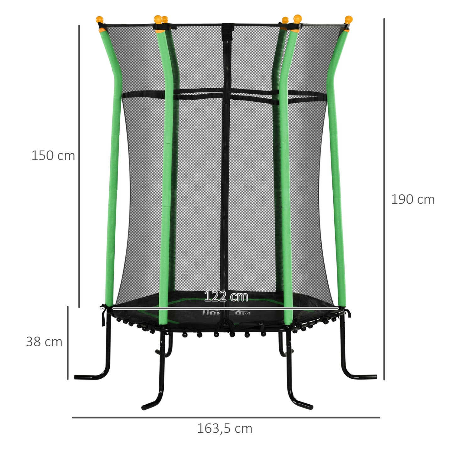 HOMCOM Cama Elástica Infantil de Jardín Ø163,5x190 cm Trampolín para Niños de +3 Años de Jardín con Red de Seguridad y Marco de Acero para Interior Exterior Carga 50 kg Negro y Verde