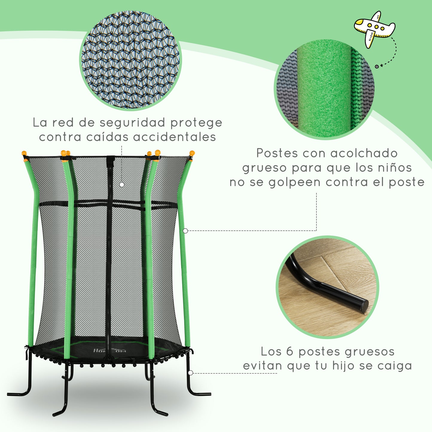 HOMCOM Cama Elástica Infantil de Jardín Ø163,5x190 cm Trampolín para Niños de +3 Años de Jardín con Red de Seguridad y Marco de Acero para Interior Exterior Carga 50 kg Negro y Verde