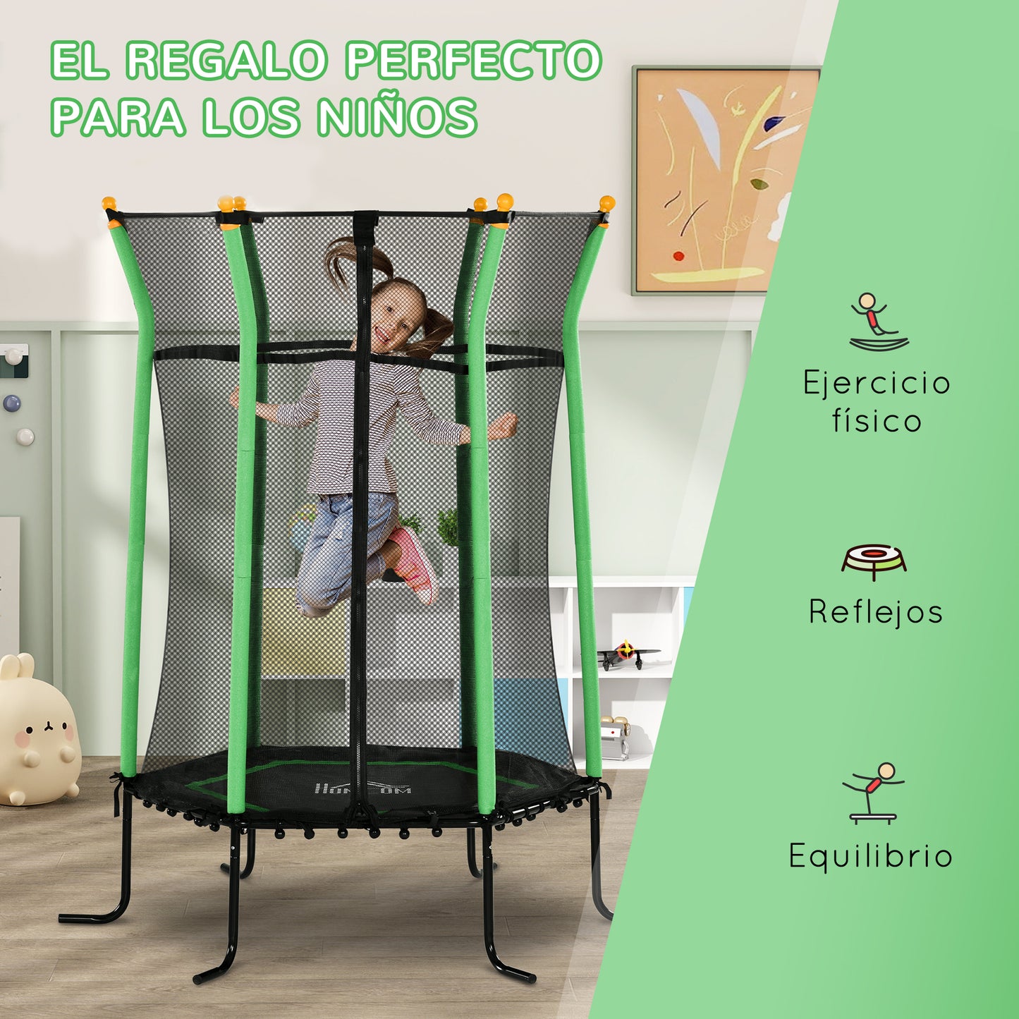 HOMCOM Cama Elástica Infantil de Jardín Ø163,5x190 cm Trampolín para Niños de +3 Años de Jardín con Red de Seguridad y Marco de Acero para Interior Exterior Carga 50 kg Negro y Verde