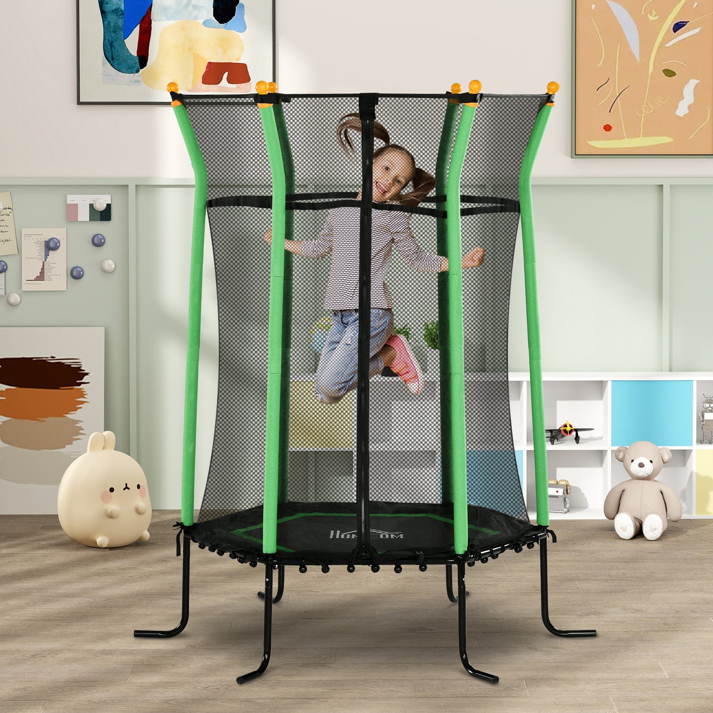 HOMCOM Cama Elástica Infantil de Jardín Ø163,5x190 cm Trampolín para Niños de +3 Años de Jardín con Red de Seguridad y Marco de Acero para Interior Exterior Carga 50 kg Negro y Verde