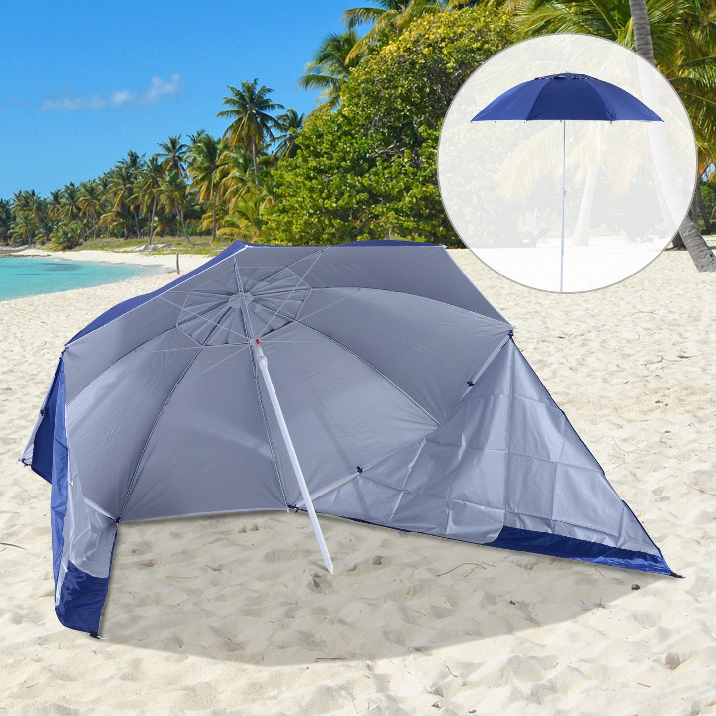 Outsunny Sombrilla de Playa 2 en 1 Parasol para Playa con 2 Paneles Laterales Toldo Portátil Anti-UV con Bolsa de Transporte para Jardín Piscina Ø210x222cm Azul