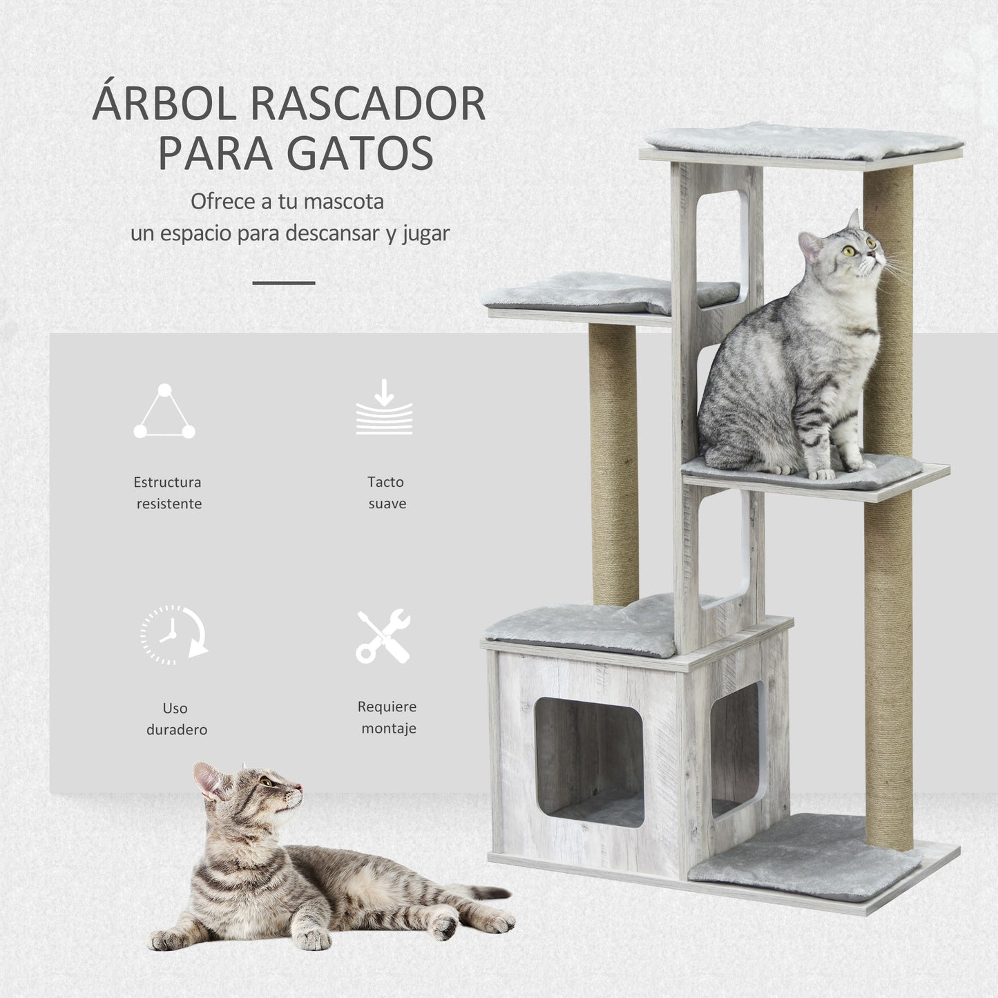 PawHut Árbol Rascador para Gatos 67x38,5x114 cm Torre de Escalada de Gatos con Cueva de Madera Múltiples Plataformas y Postes de Rascar de Yute Juego y Descanso Gris