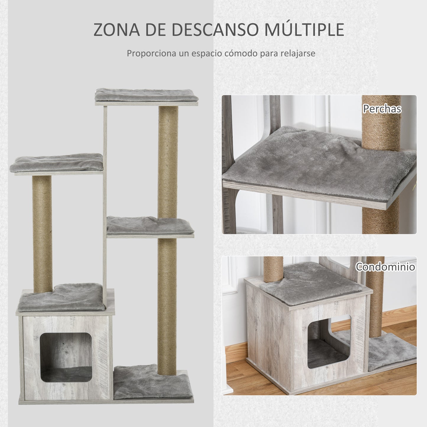 PawHut Árbol Rascador para Gatos 67x38,5x114 cm Torre de Escalada de Gatos con Cueva de Madera Múltiples Plataformas y Postes de Rascar de Yute Juego y Descanso Gris