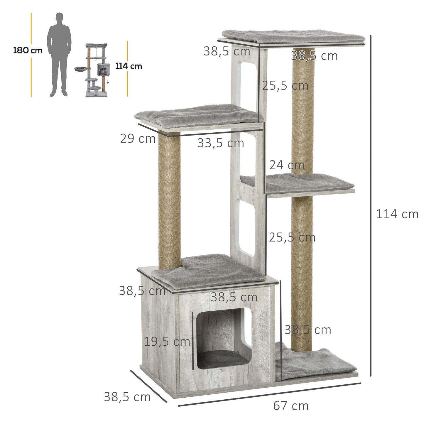 PawHut Árbol Rascador para Gatos 67x38,5x114 cm Torre de Escalada de Gatos con Cueva de Madera Múltiples Plataformas y Postes de Rascar de Yute Juego y Descanso Gris