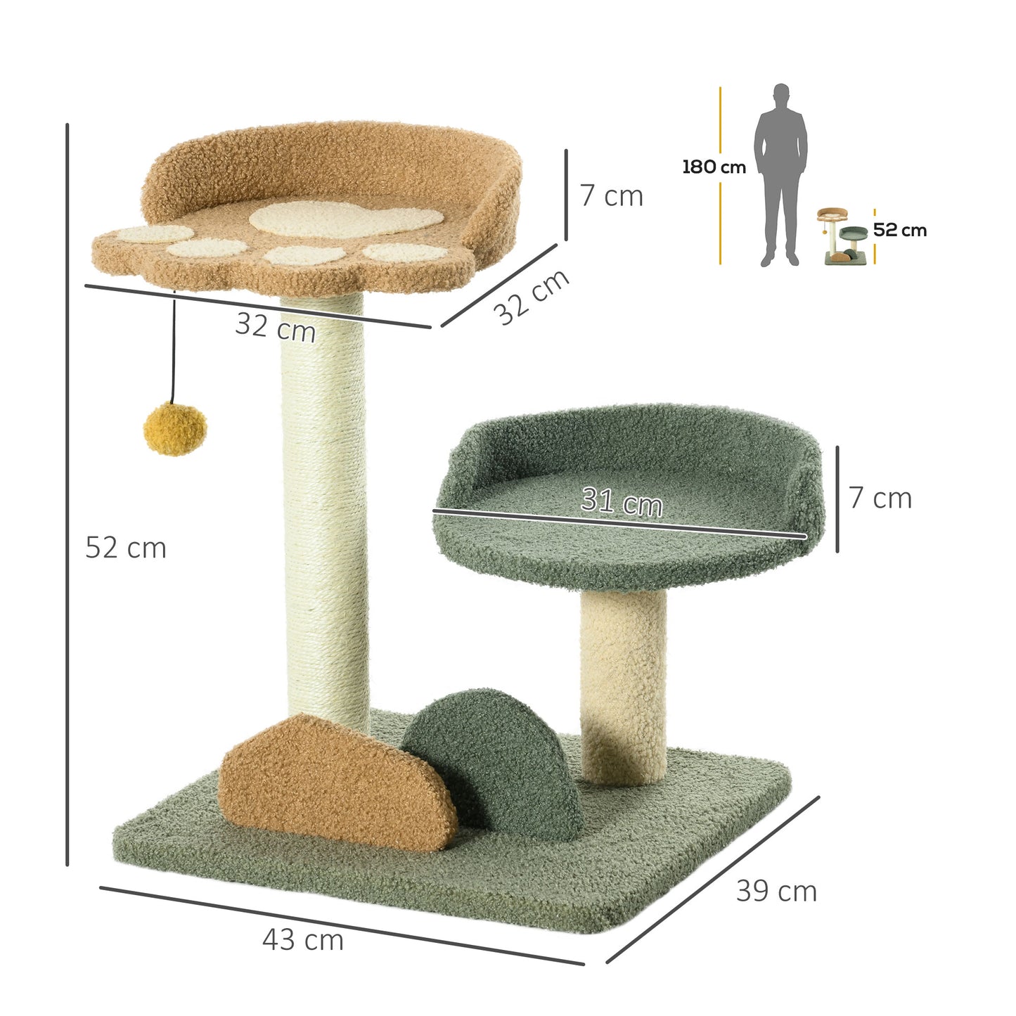 PawHut Árbol Rascador para Gatos Pequeño de 52 cm Torre para Gatos Centro de Actividades para Gatitos con Cama Poste de Sisal y Bola Colgante 43x39x52 cm Multicolor