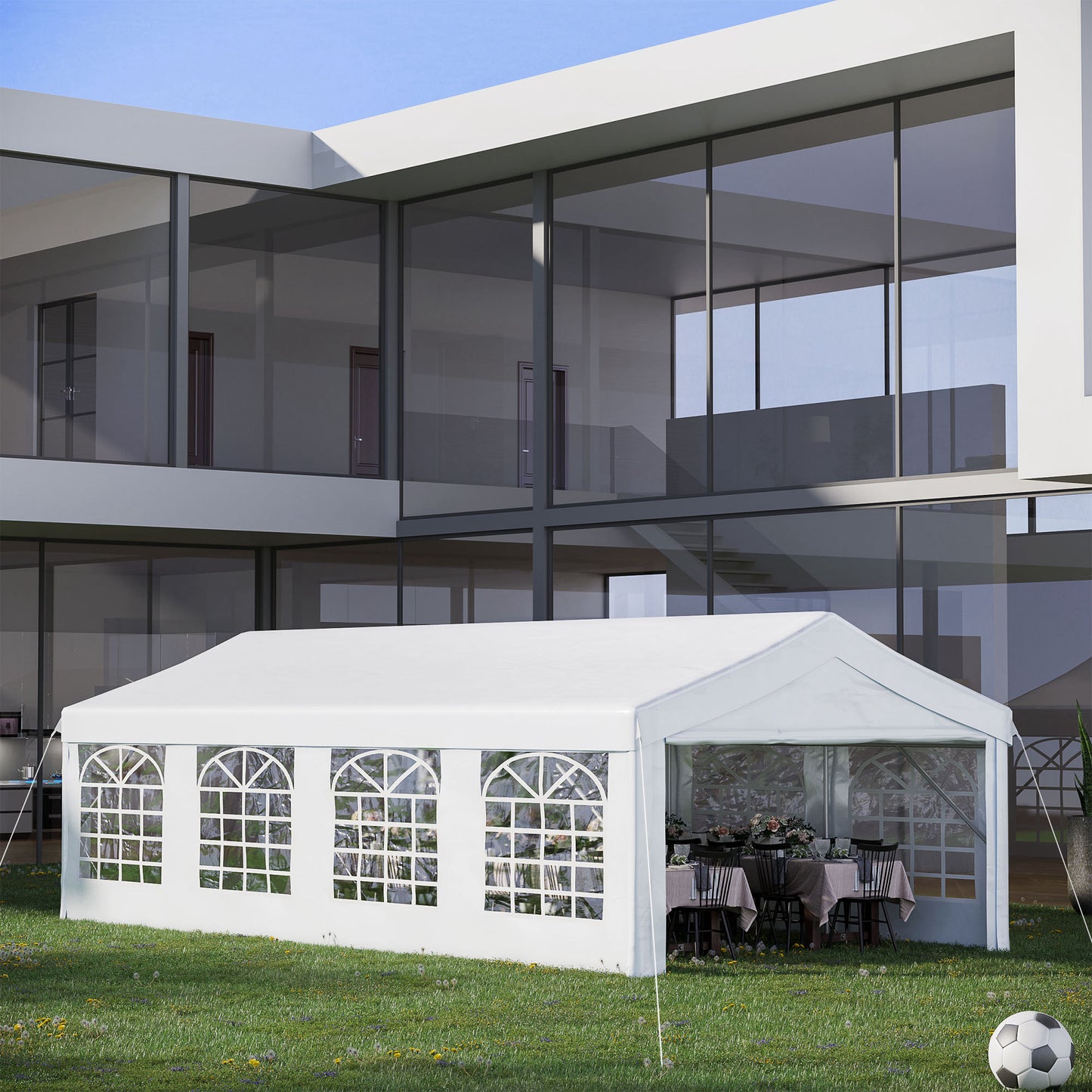 Outsunny Carpa para Fiestas 8x4 m Cenador de Jardín con 4 Paneles Laterales y 8 Ventanas Anti-UV Pabellón Pérgola Cochera Gazebo para Eventos Bodas Blanco