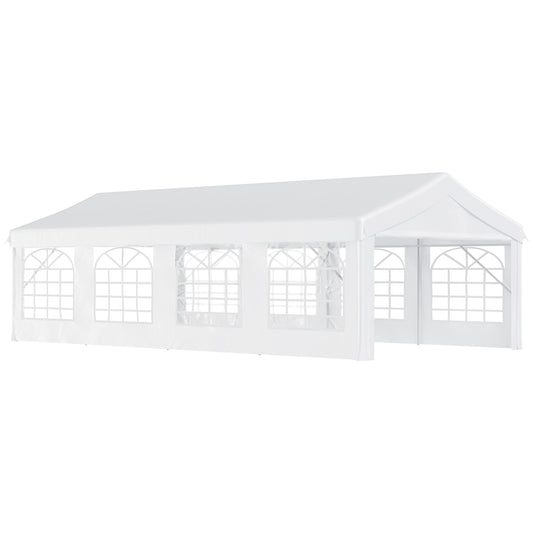 Outsunny Carpa para Fiestas 8x4 m Cenador de Jardín con 4 Paneles Laterales y 8 Ventanas Anti-UV Pabellón Pérgola Cochera Gazebo para Eventos Bodas Blanco