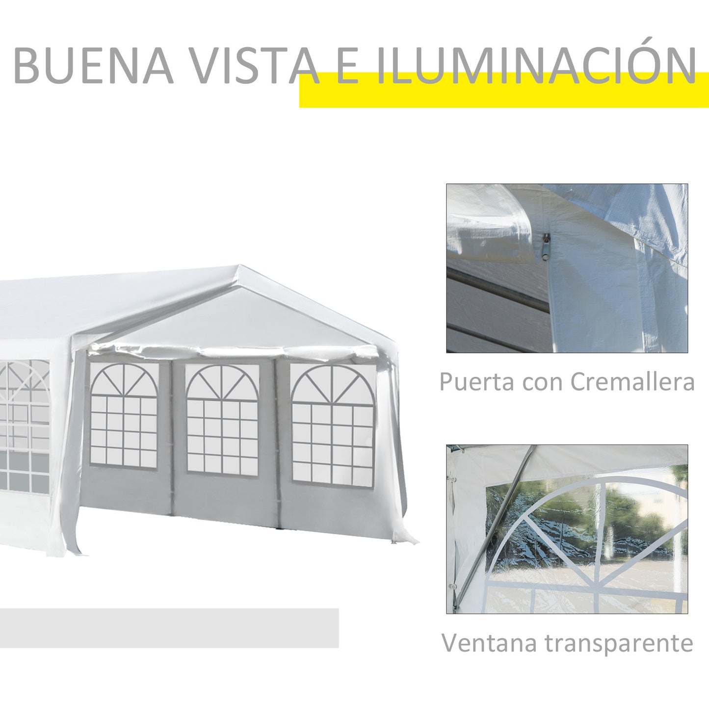 Outsunny Carpa para Fiestas 8x4 m Cenador de Jardín con 4 Paneles Laterales y 8 Ventanas Anti-UV Pabellón Pérgola Cochera Gazebo para Eventos Bodas Blanco